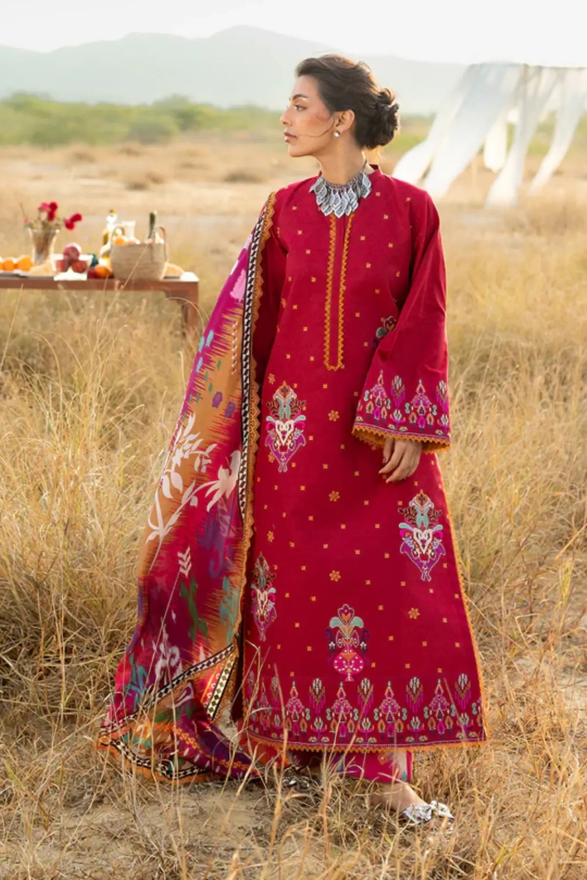Zainab Chottani Zamira crimson chikankari stitched lawn 3PC with silk dupatta