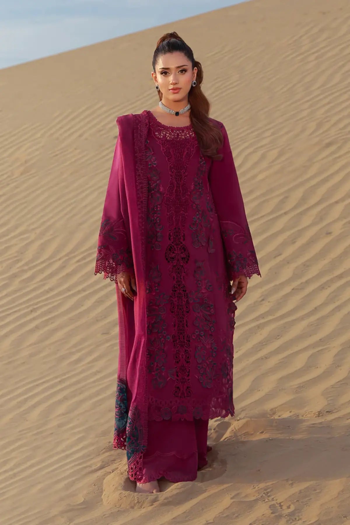 Zara deep magenta premium lawn stitched Pakistani suit by Rang Rasiya with textured dupatta