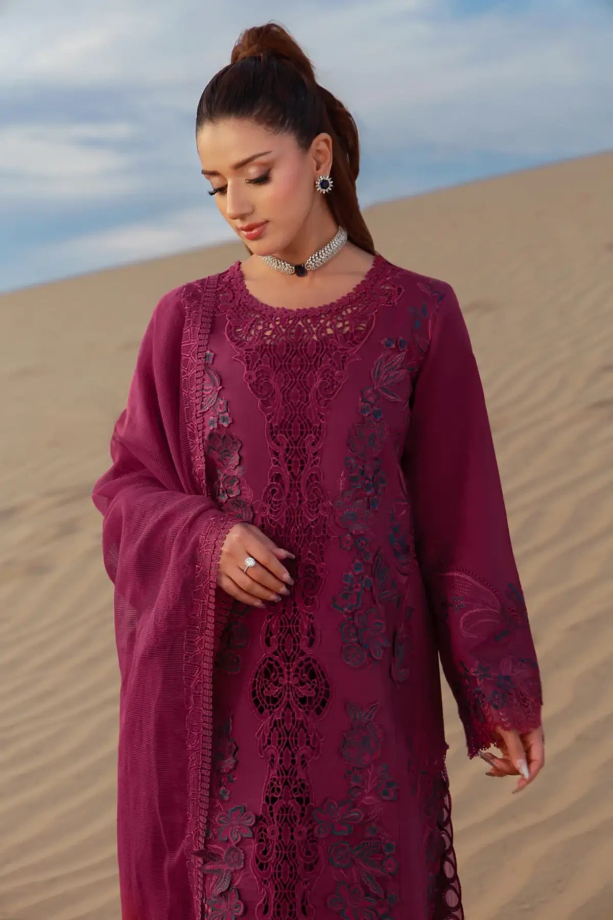 Zara deep magenta premium lawn stitched Pakistani suit by Rang Rasiya with textured dupatta