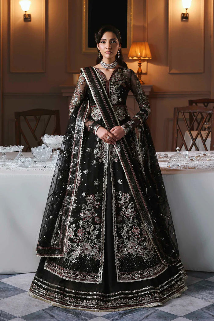 Zarafreen black organza embroidered front-open long shirt with lehenga and dupatta by Akbar Aslam, luxury couture for wedding events.