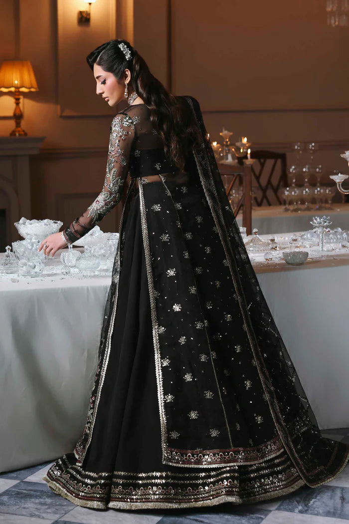 Zarafreen black organza embroidered front-open long shirt with lehenga and dupatta by Akbar Aslam, luxury couture for wedding events.