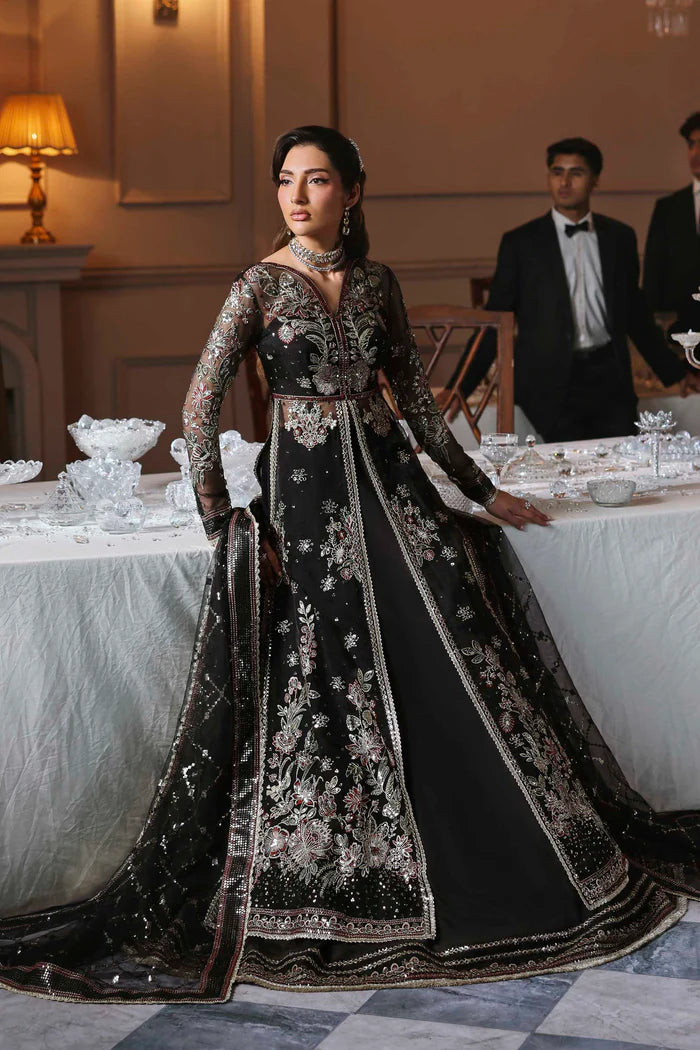 Zarafreen black organza embroidered front-open long shirt with lehenga and dupatta by Akbar Aslam, luxury couture for wedding events.