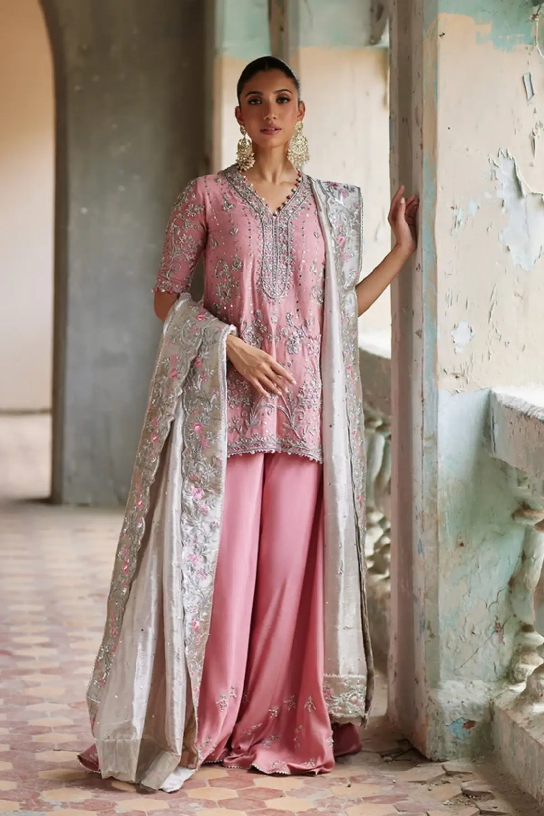 Zarah Baby Pink Mukesh Silk Net Engagement Shirt with Silver Hand Embellishments, Raw Silk Wide Leg Pants and Embroidered Lame Tissue Dupatta