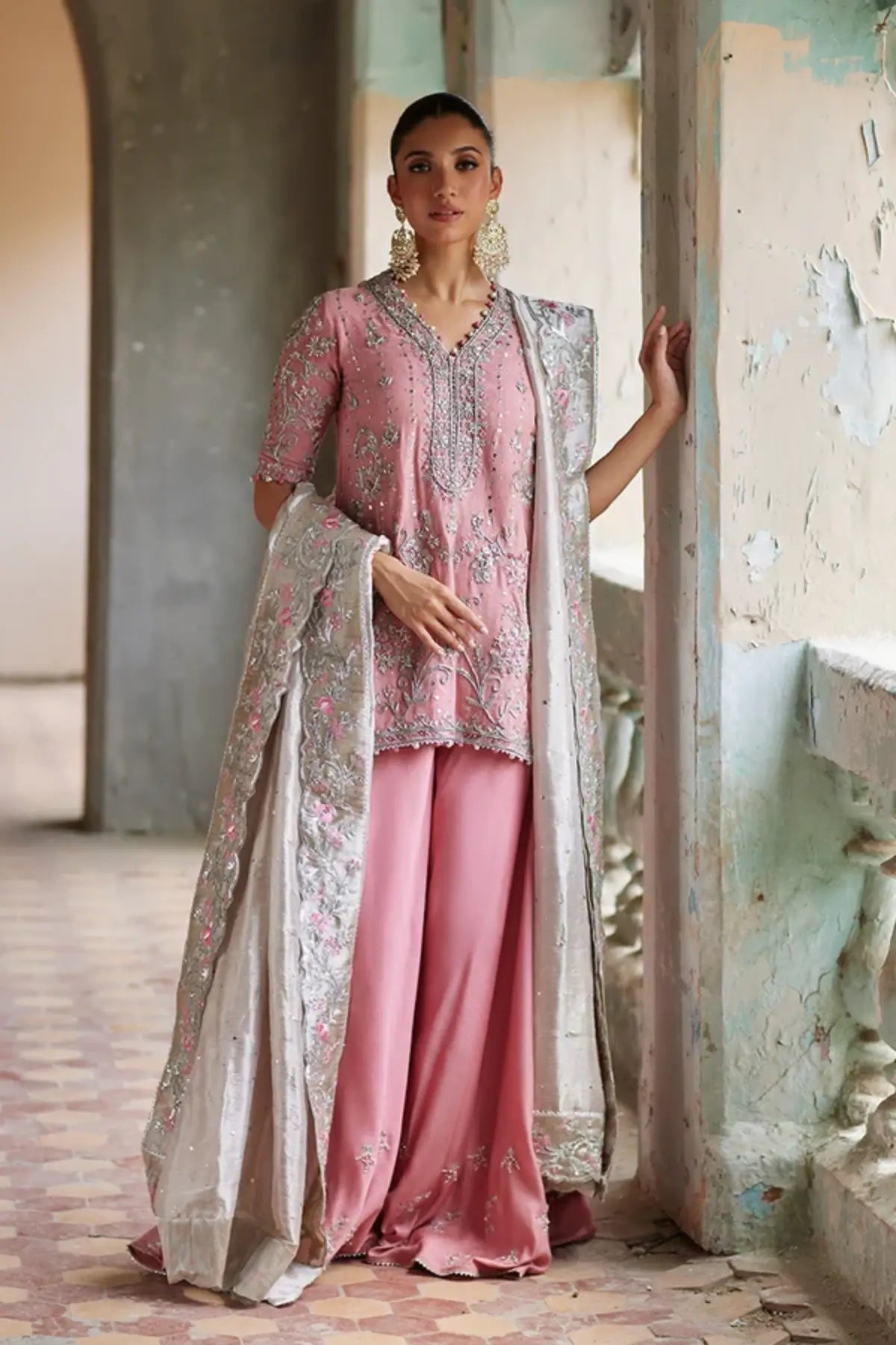 Zarah Baby Pink Mukesh Silk Net Engagement Shirt with Silver Hand Embellishments, Raw Silk Wide Leg Pants and Embroidered Lame Tissue Dupatta