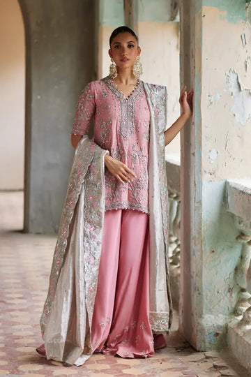 Zarah Baby Pink Mukesh Silk Net Engagement Shirt with Silver Hand Embellishments, Raw Silk Wide Leg Pants and Embroidered Lame Tissue Dupatta