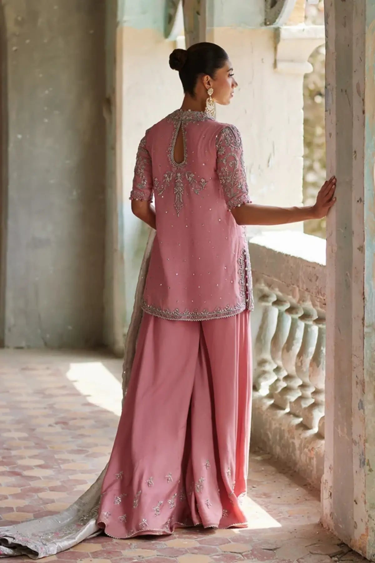 Zarah Baby Pink Mukesh Silk Net Engagement Shirt with Silver Hand Embellishments, Raw Silk Wide Leg Pants and Embroidered Lame Tissue Dupatta