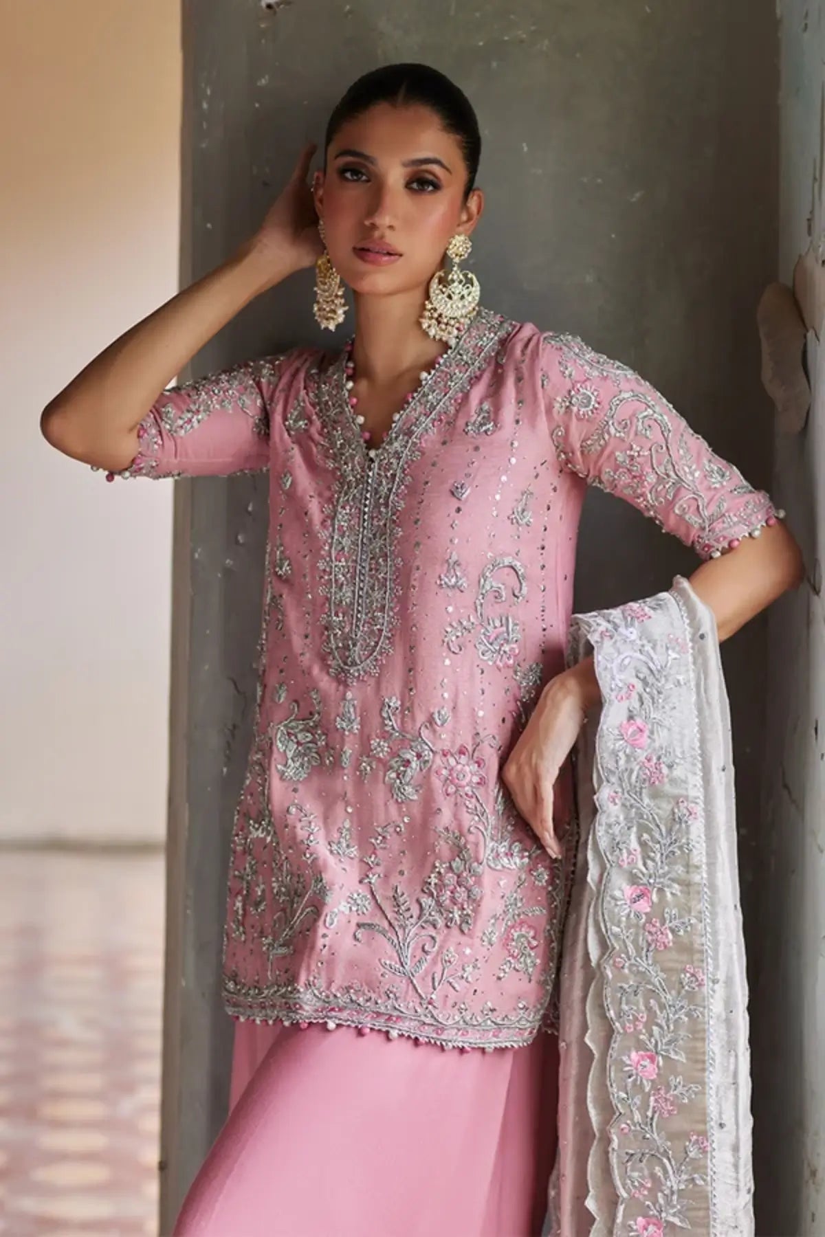 Zarah Baby Pink Mukesh Silk Net Engagement Shirt with Silver Hand Embellishments, Raw Silk Wide Leg Pants and Embroidered Lame Tissue Dupatta