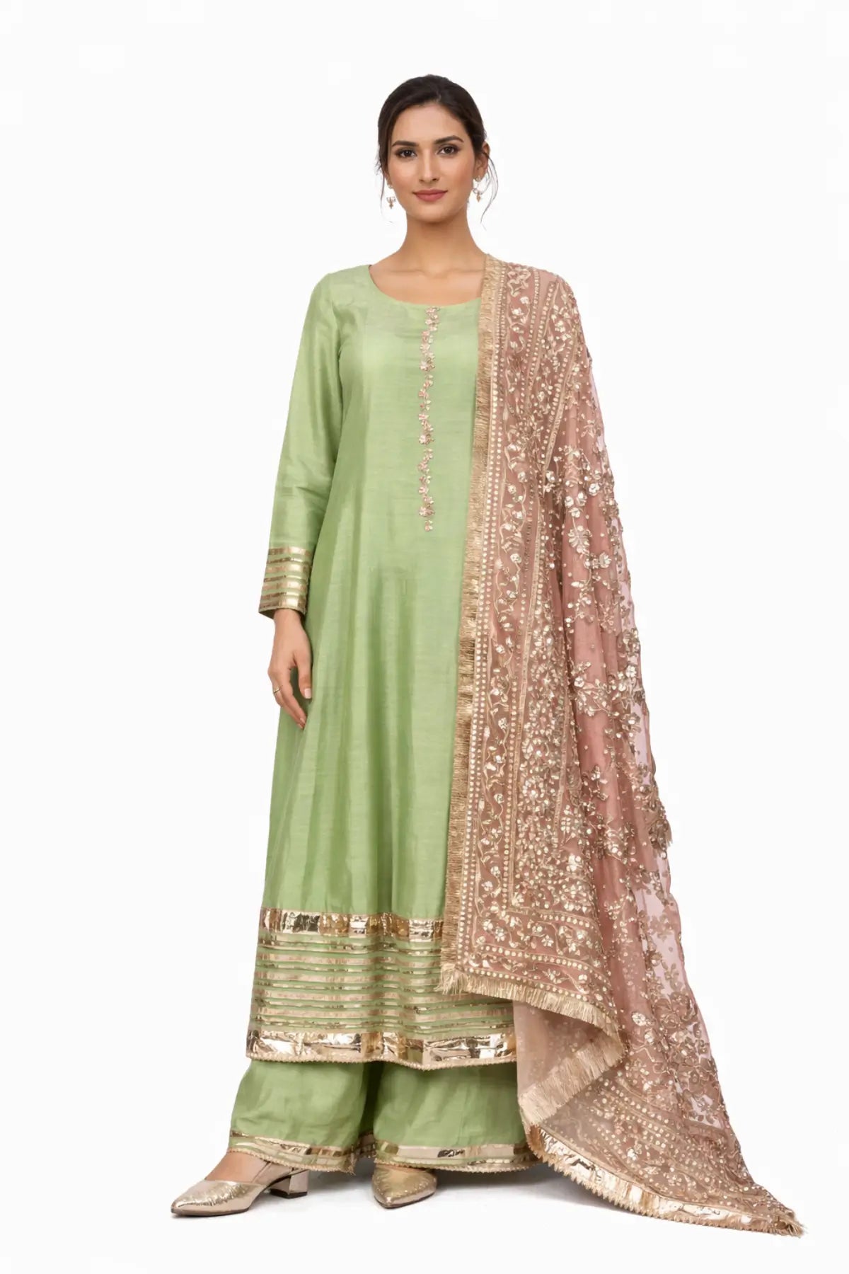 Zareen mint green Korean silk Anarkali suit with peach organza dupatta by MariamRaj