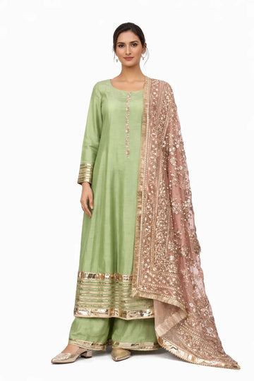 Zareen mint green Korean silk Anarkali suit with peach organza dupatta by MariamRaj