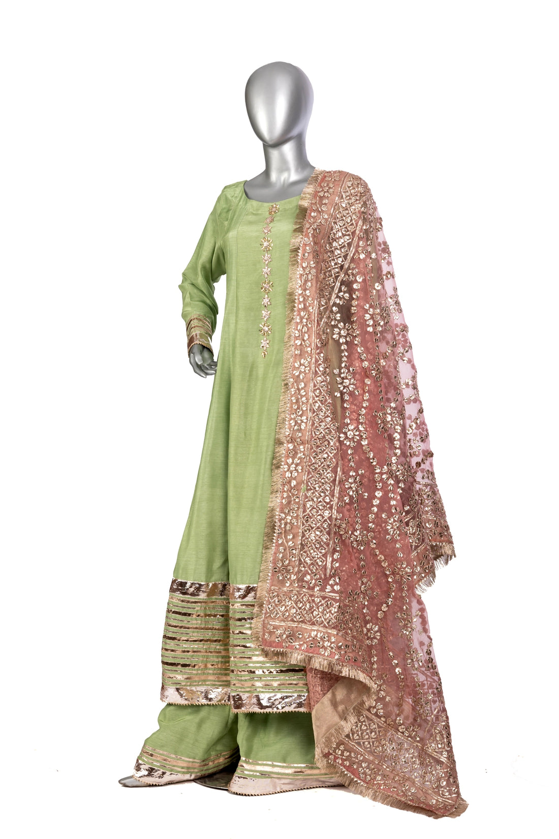 Zareen mint green Korean silk Anarkali suit with peach organza dupatta by MariamRaj