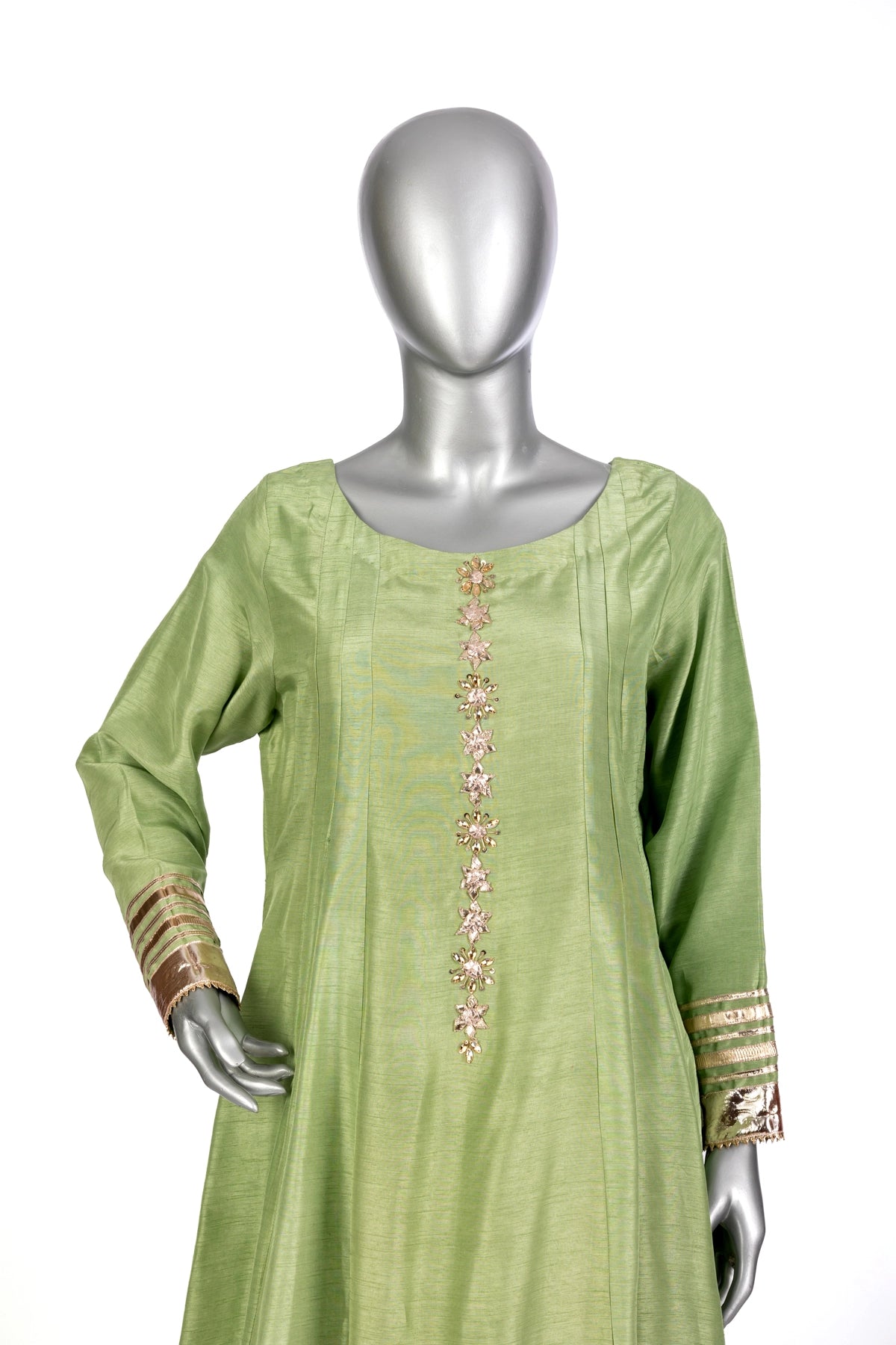 Zareen mint green Korean silk Anarkali suit with peach organza dupatta by MariamRaj