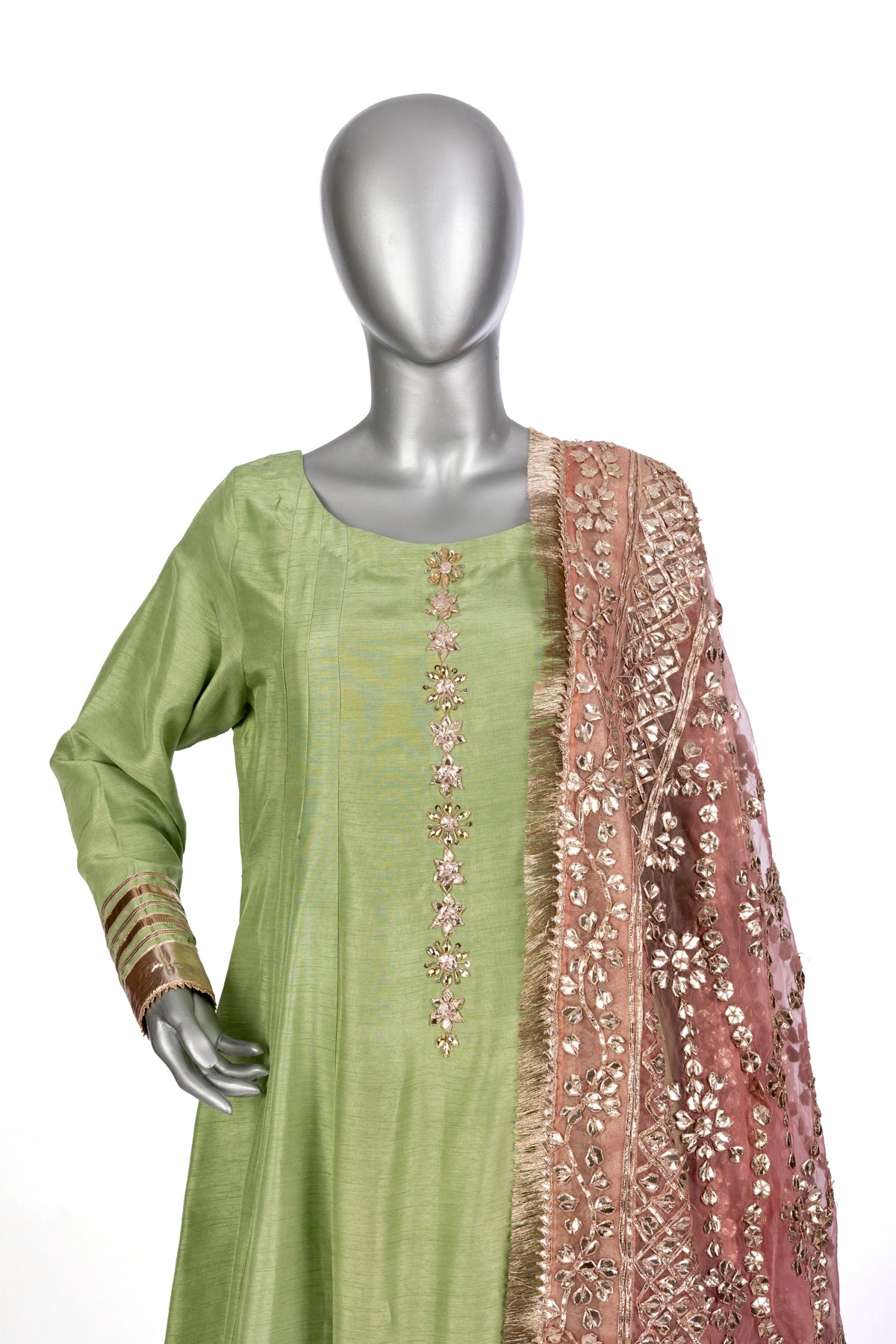 Zareen mint green Korean silk Anarkali suit with peach organza dupatta by MariamRaj