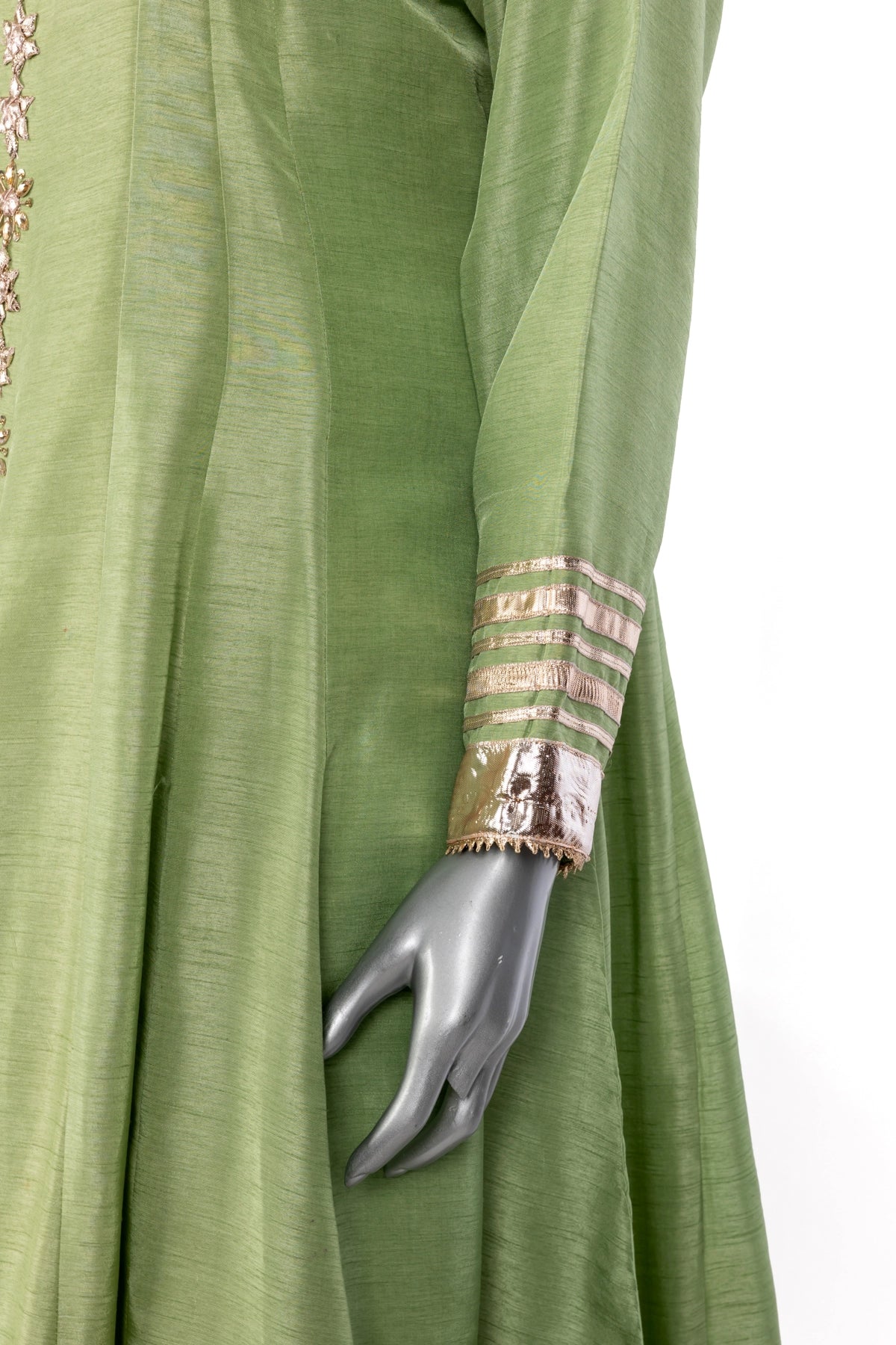 Zareen mint green Korean silk Anarkali suit with peach organza dupatta by MariamRaj