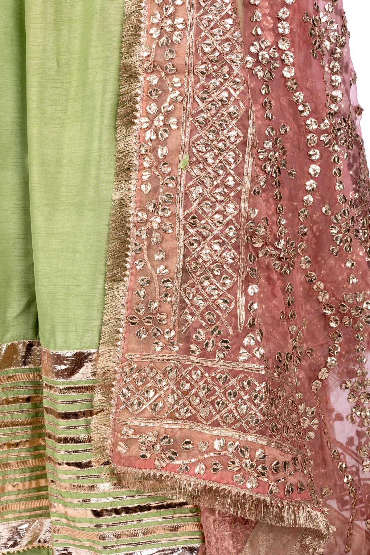 Zareen mint green Korean silk Anarkali suit with peach organza dupatta by MariamRaj