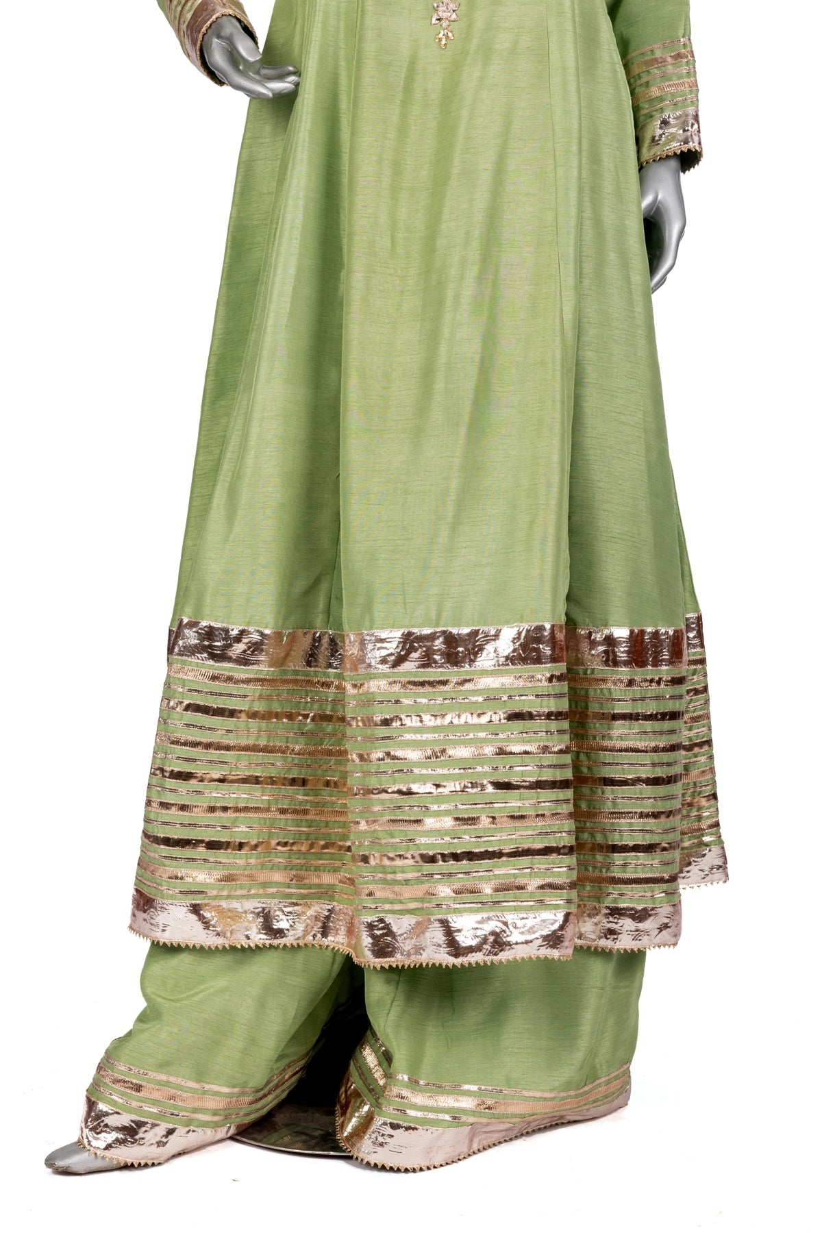Zareen mint green Korean silk Anarkali suit with peach organza dupatta by MariamRaj