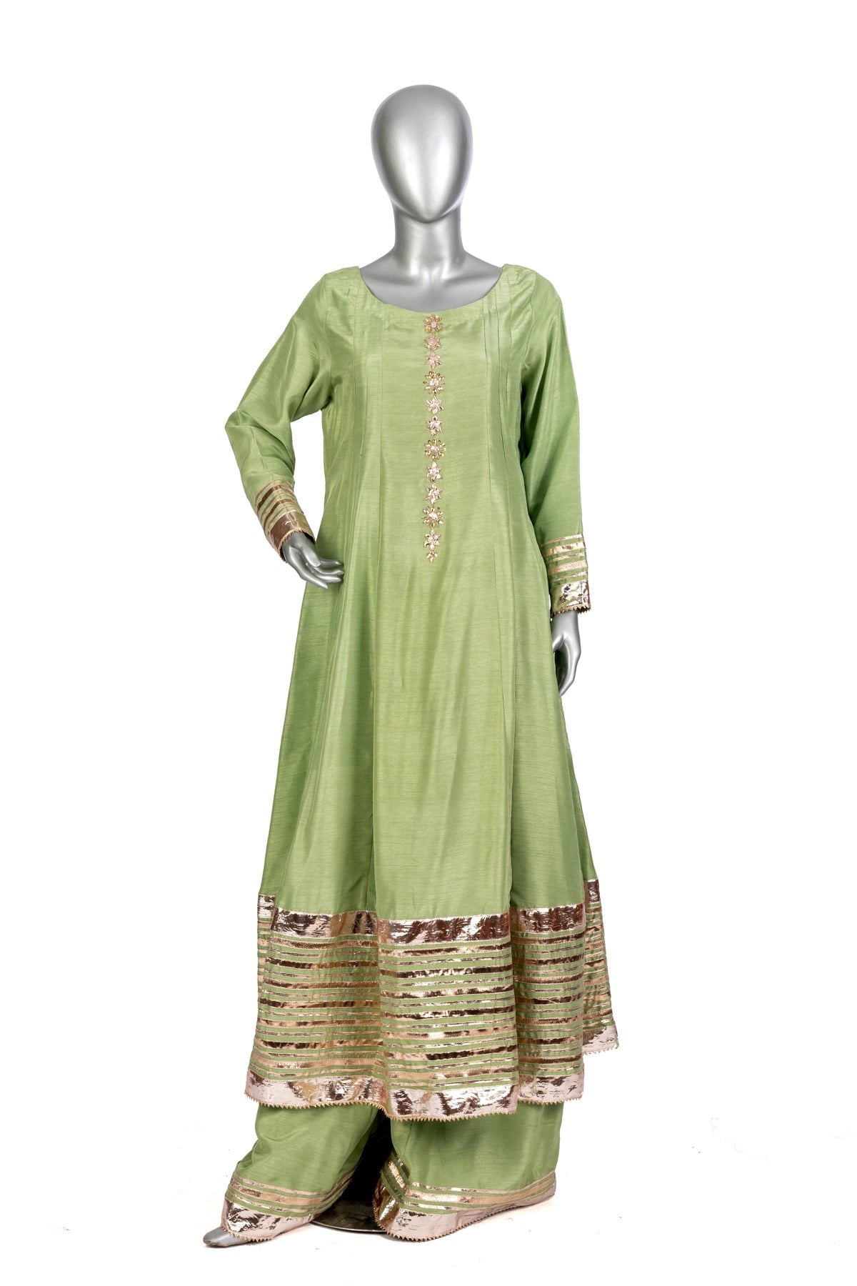 Zareen mint green Korean silk Anarkali suit with peach organza dupatta by MariamRaj