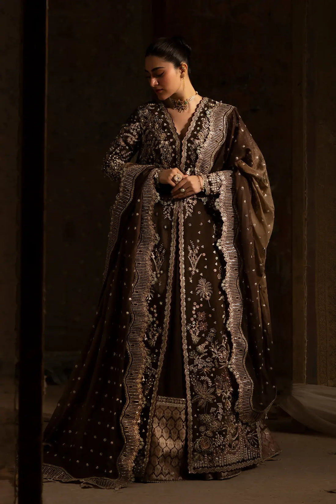 Nyra velvet brown luxury stitched Eid wear outfit with detailed embroidery and embellishments.