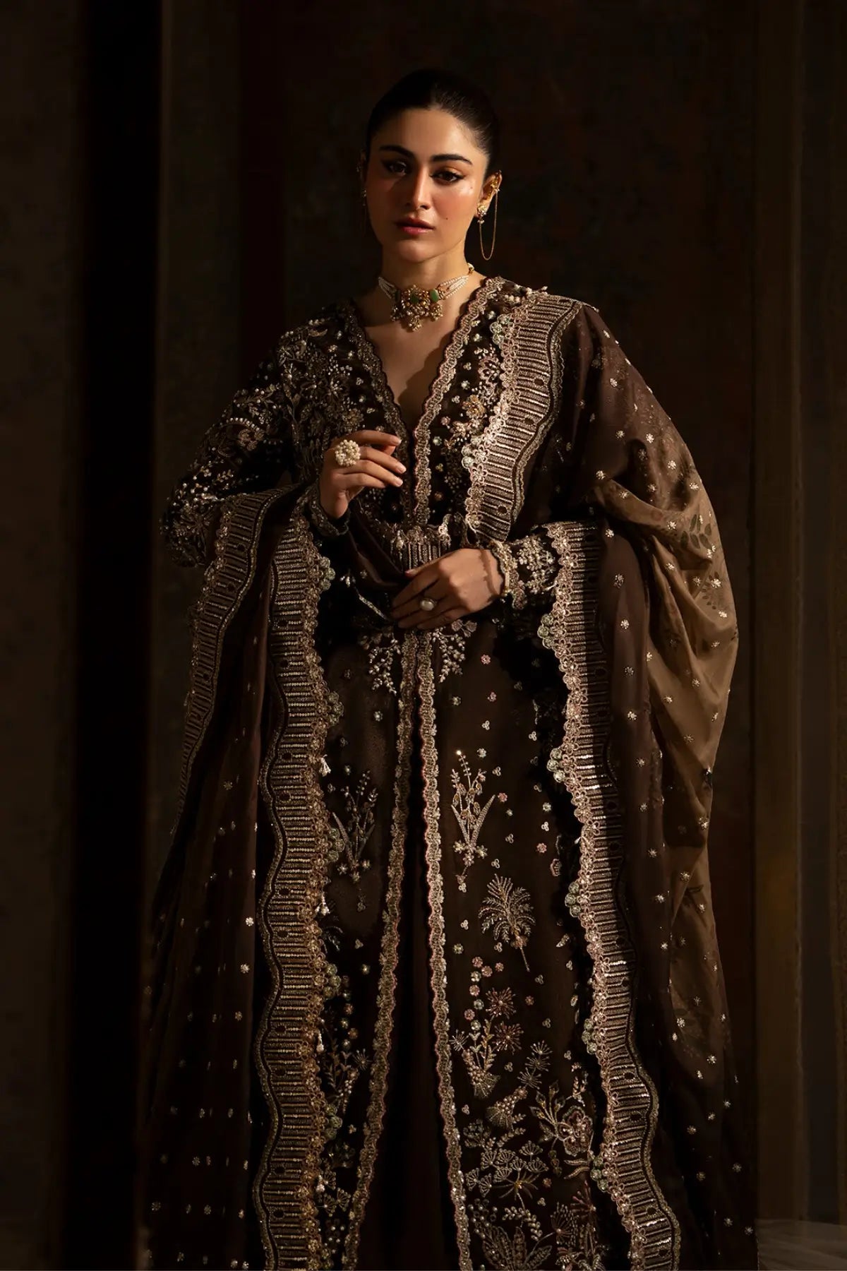 Nyra velvet brown luxury stitched Eid wear outfit with detailed embroidery and embellishments.