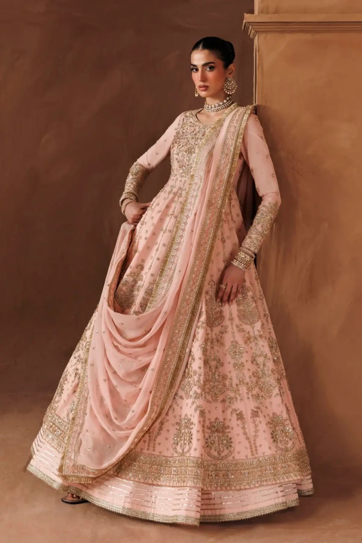 Zareen Riwayat Bridal Edit 26 pink handworked chiffon bridal Anarkali stitched suit with embroidered dupatta