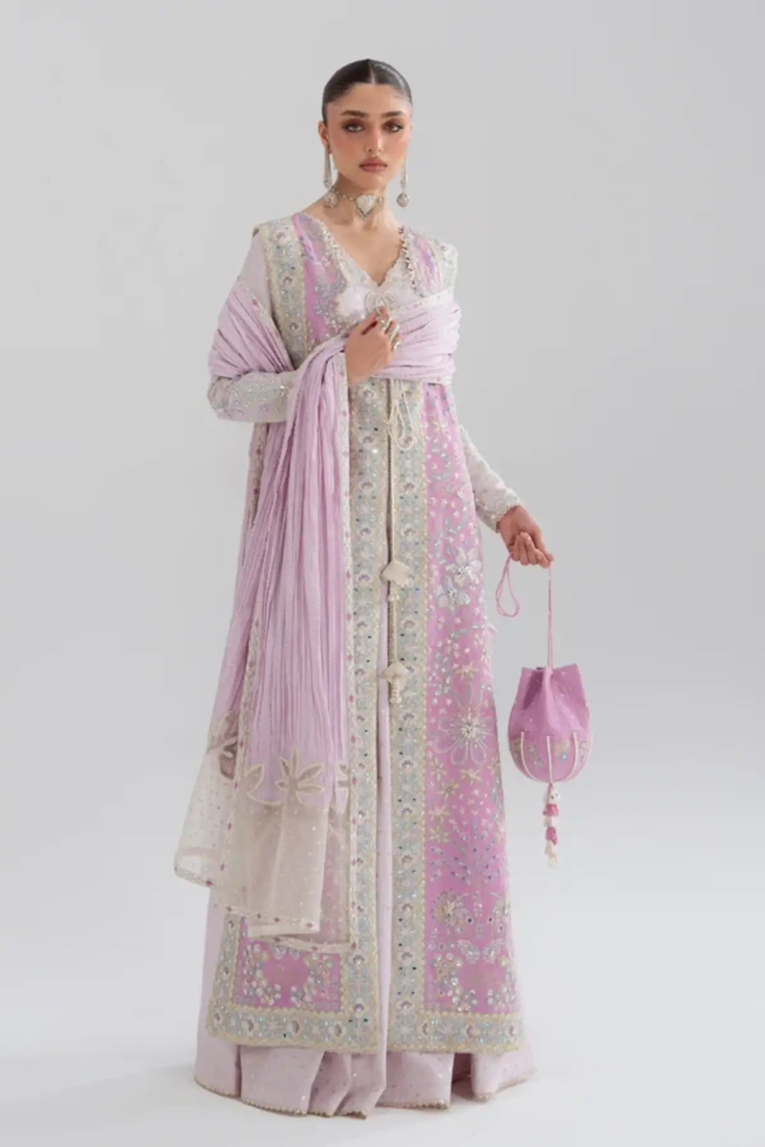 Zareen Soraya Silk Edit '26 lilac silk jacket Peshwas set with jacquard silk inner and crushed dupatta