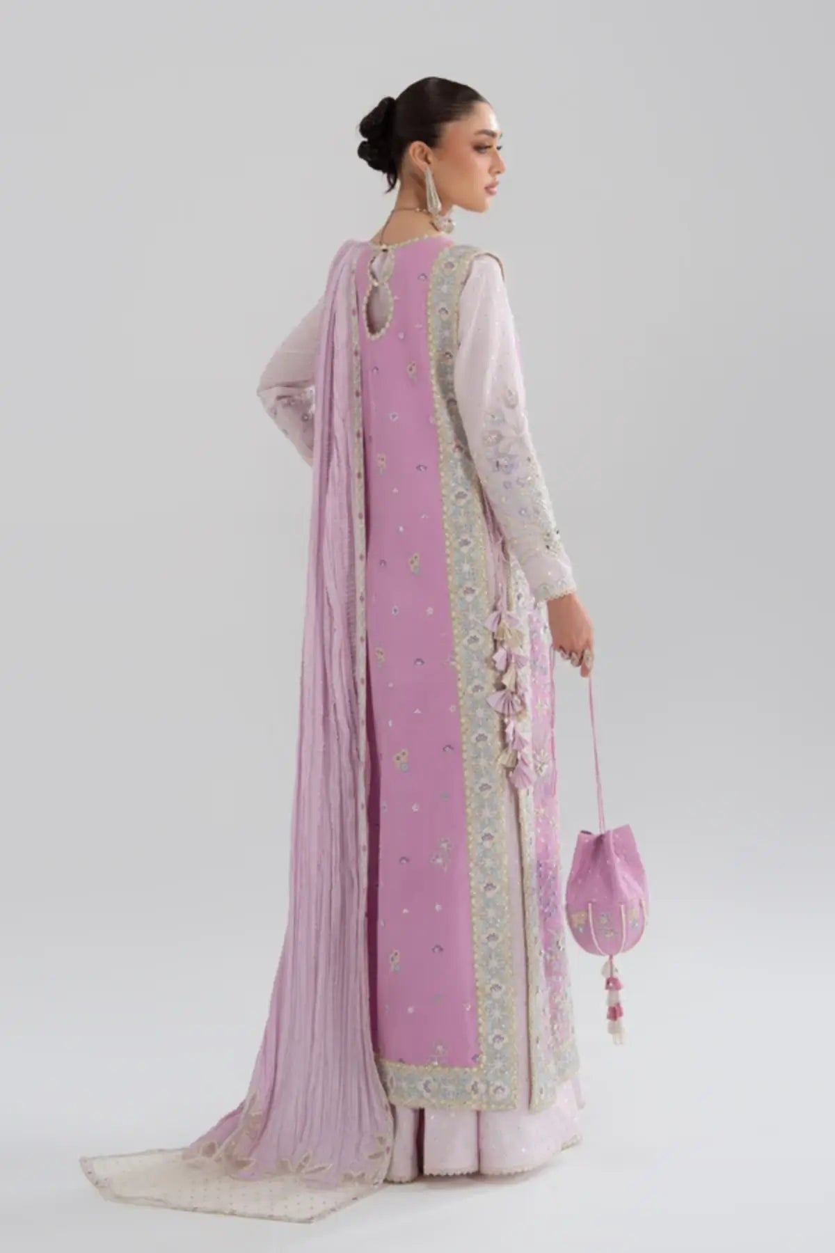 Zareen Soraya Silk Edit '26 lilac silk jacket Peshwas set with jacquard silk inner and crushed dupatta
