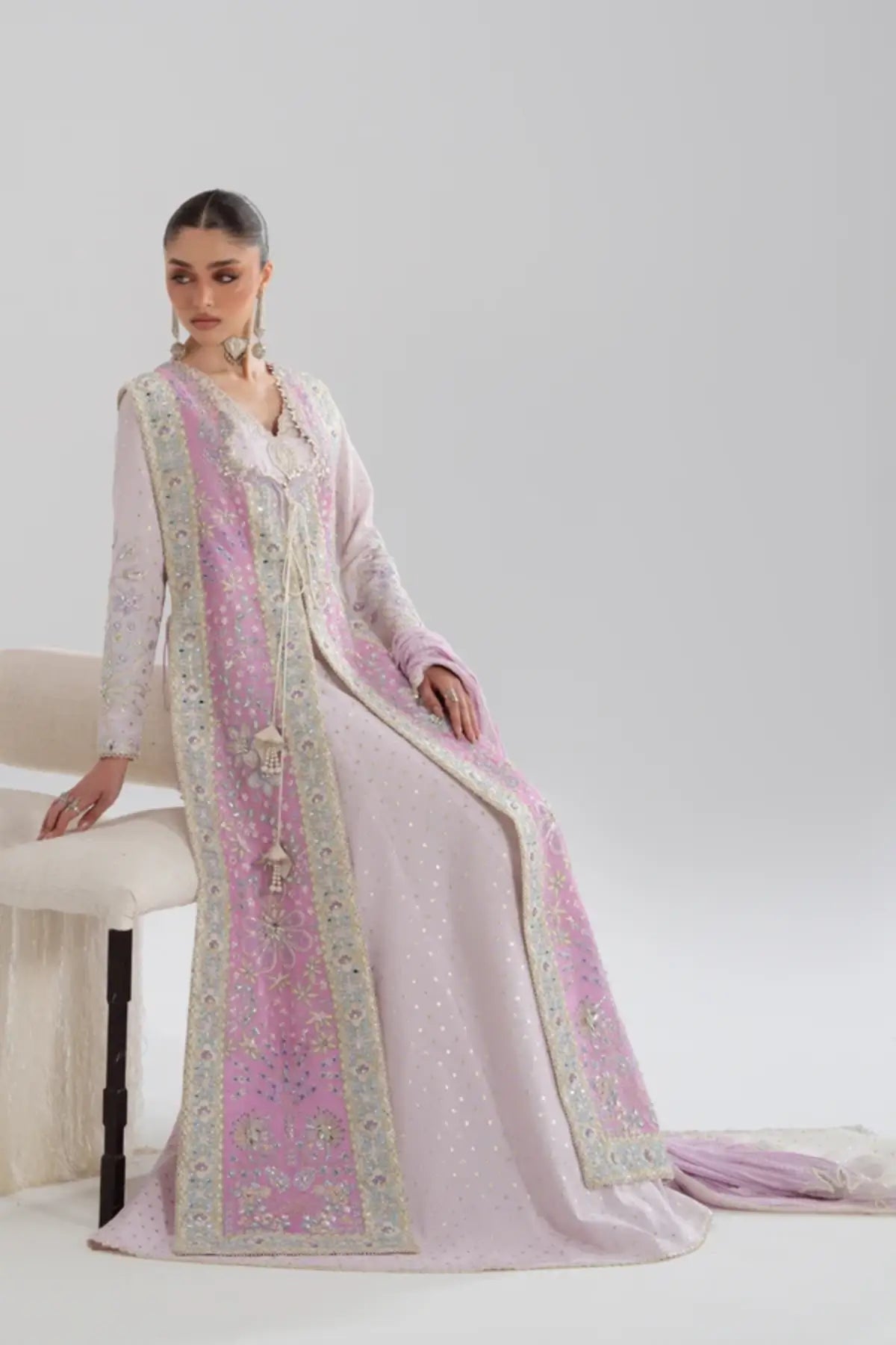 Zareen Soraya Silk Edit '26 lilac silk jacket Peshwas set with jacquard silk inner and crushed dupatta