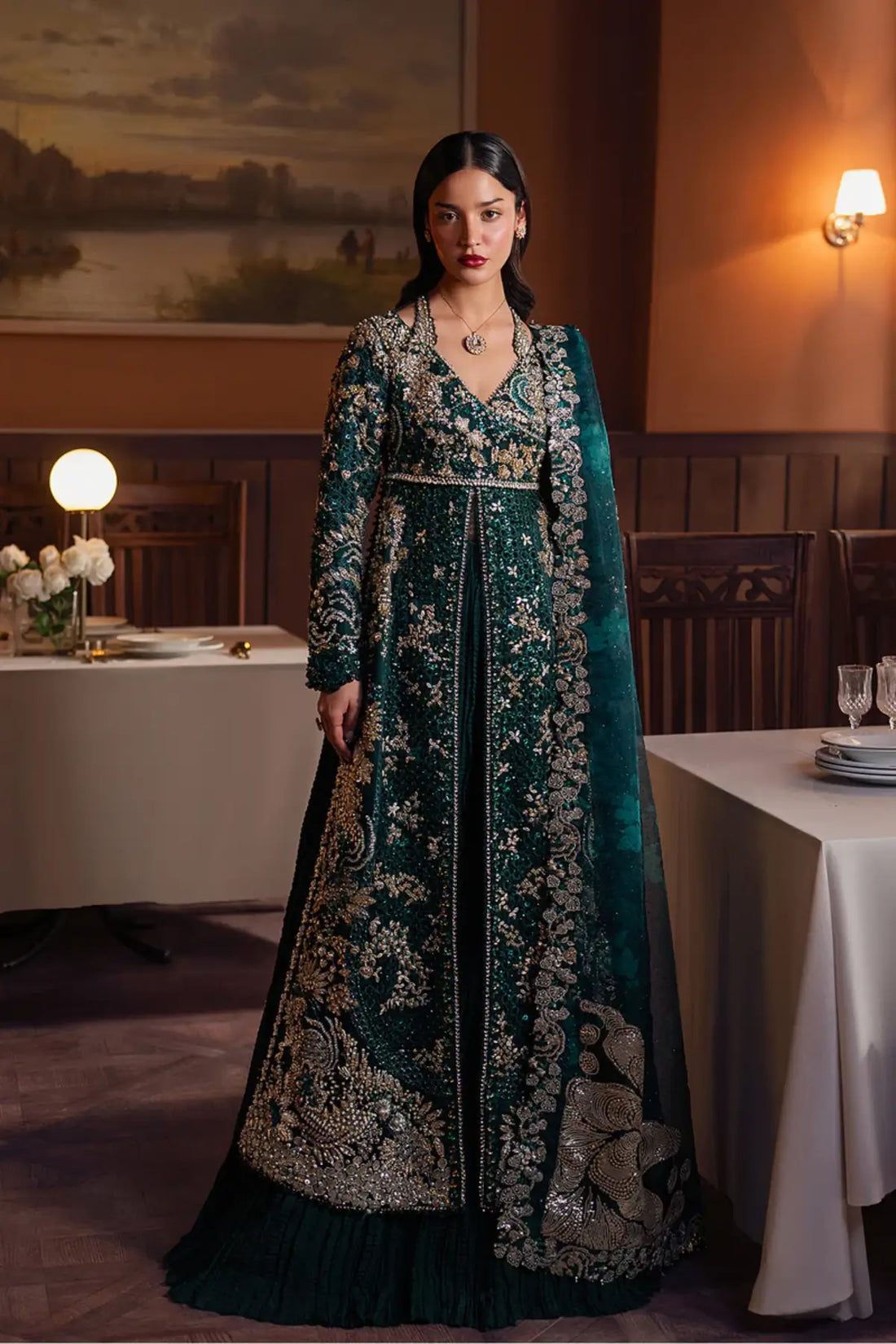 Buy Zareenah by Afrozeh Hayyat Wedding Formals 2025 in emerald green. Rawsilk shirt & trouser with organza dupatta. 