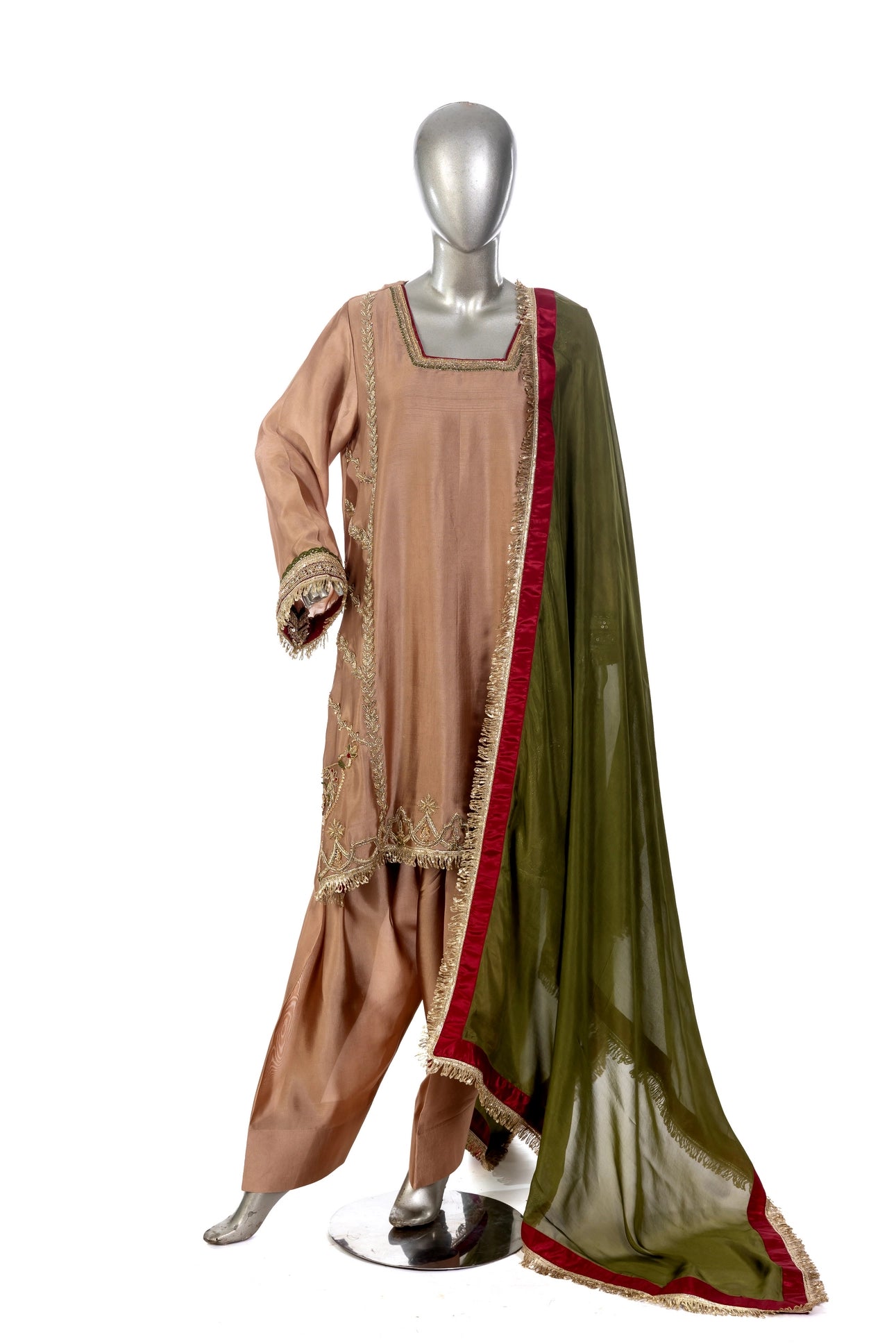 Zarfisha Gold Sheesha Silk Embroidered Suit with farshi shalwar & olive green dupatta with maroon finish by MariamRaj at Pakistanimoda.