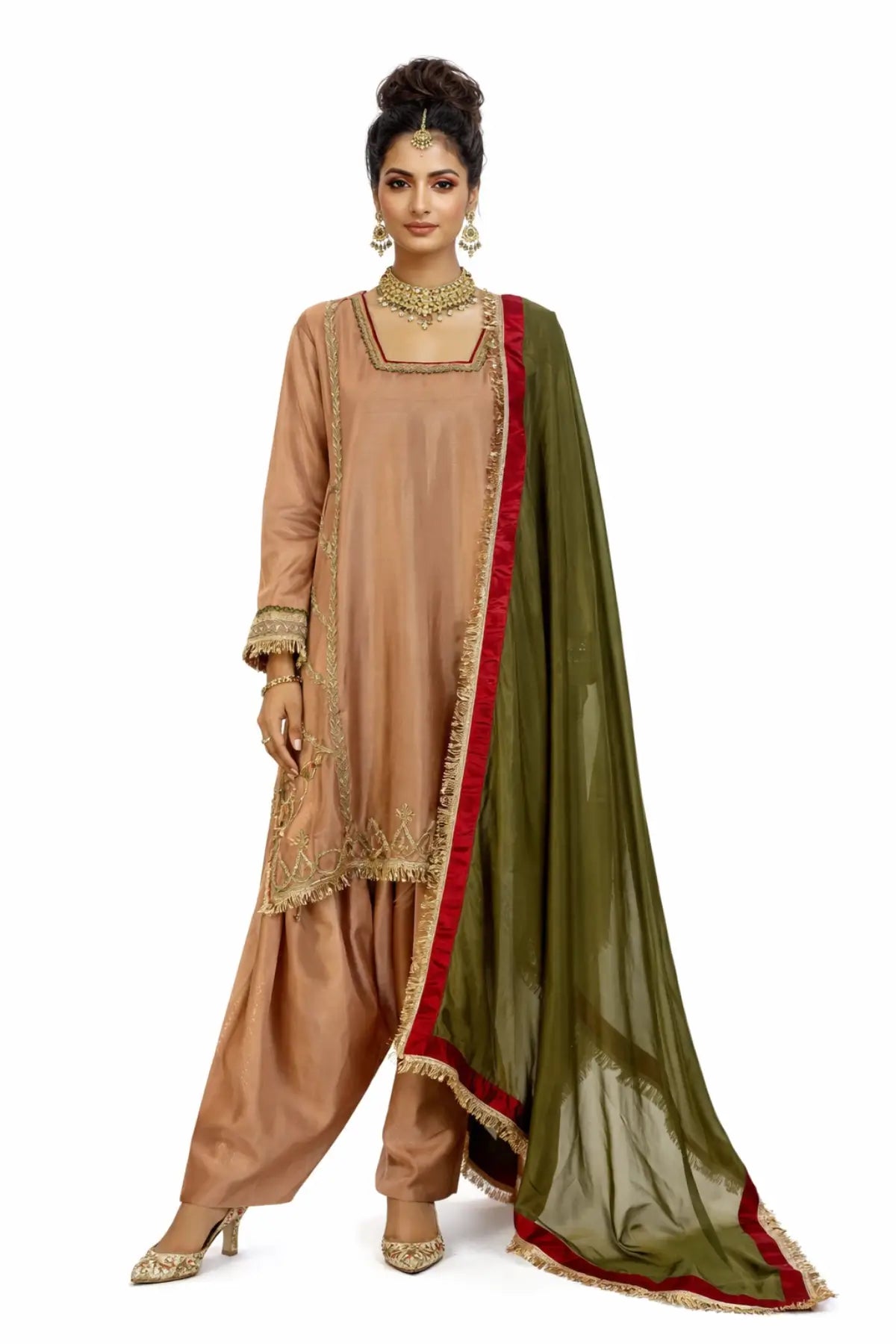 Zarfisha Gold Sheesha Silk Embroidered Suit with farshi shalwar & olive green dupatta with maroon finish by MariamRaj at Pakistanimoda.