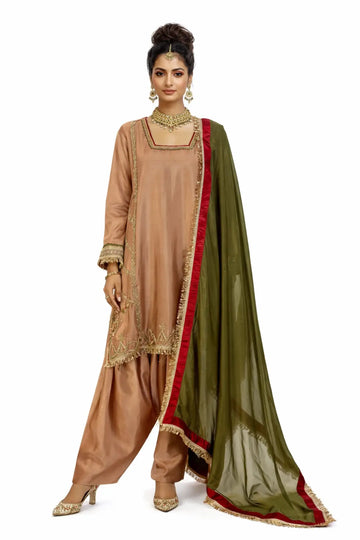 Zarfisha Gold Sheesha Silk Embroidered Suit with farshi shalwar & olive green dupatta with maroon finish by MariamRaj at Pakistanimoda.