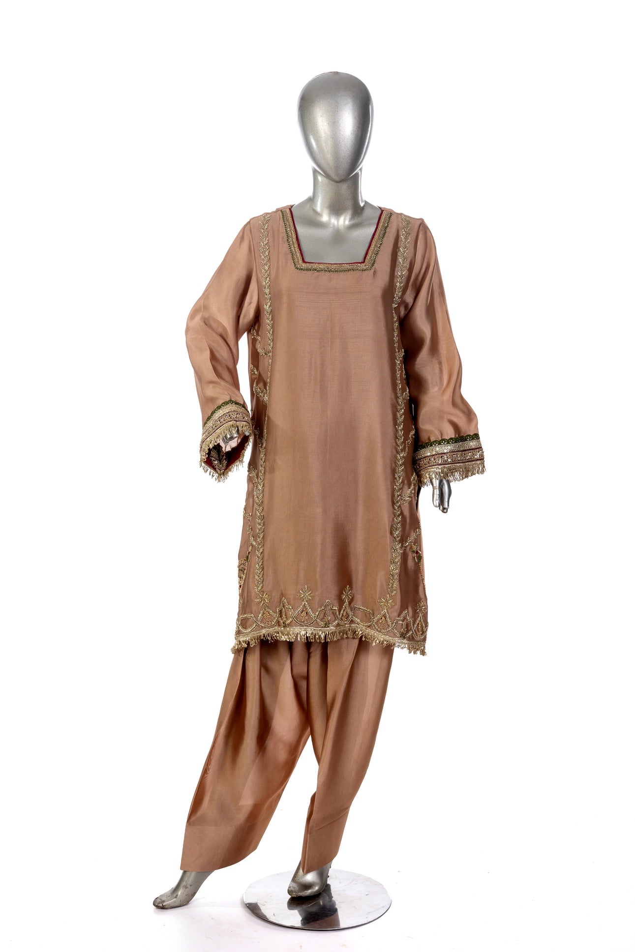 Zarfisha Gold Sheesha Silk Embroidered Suit with farshi shalwar & olive green dupatta with maroon finish by MariamRaj at Pakistanimoda.