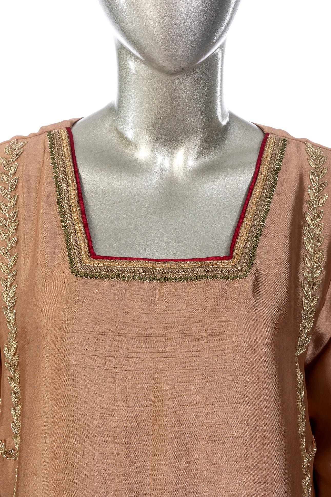 Zarfisha Gold Sheesha Silk Embroidered Suit with farshi shalwar & olive green dupatta with maroon finish by MariamRaj at Pakistanimoda.