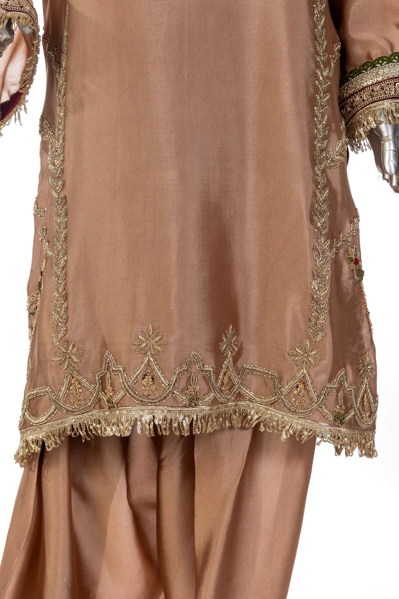 Zarfisha Gold Sheesha Silk Embroidered Suit with farshi shalwar & olive green dupatta with maroon finish by MariamRaj at Pakistanimoda.