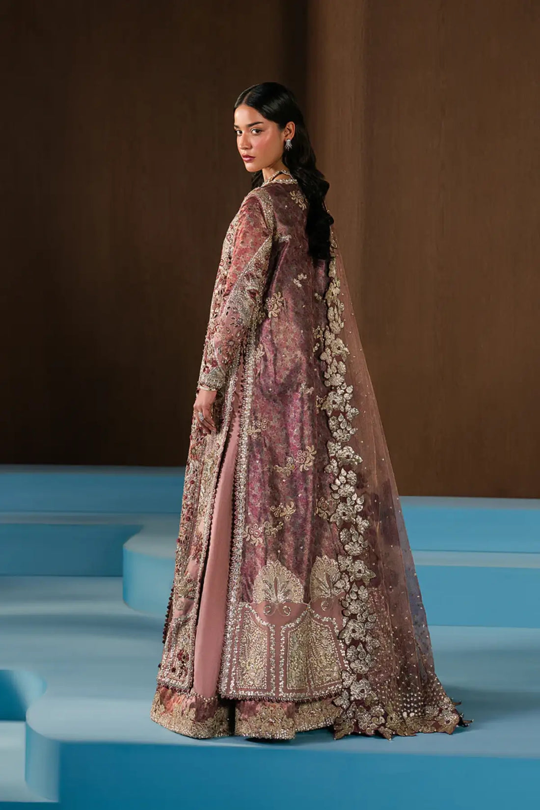 Zarhel Afrozeh pink stitched wedding formal sharara with long embellished shirt resham pearls crystals and detailed embroidery