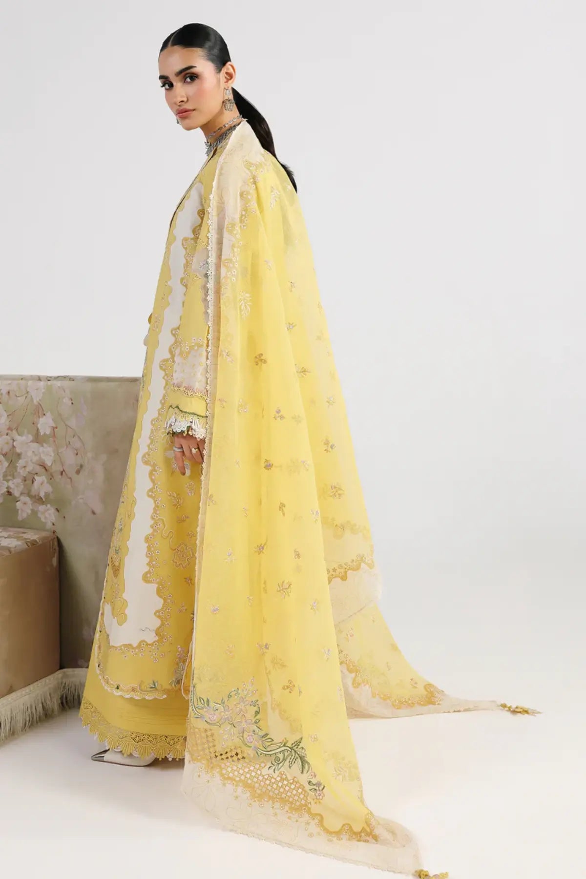 Zaria QFL-05 yellow stitched festive lawn 3PC suit with embroidered cotton net dupatta by Qalamkar 2026