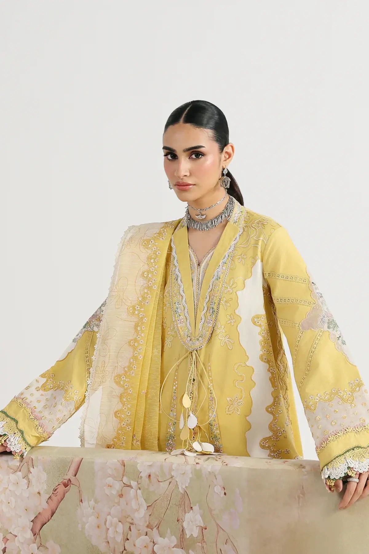 Zaria QFL-05 yellow stitched festive lawn 3PC suit with embroidered cotton net dupatta by Qalamkar 2026