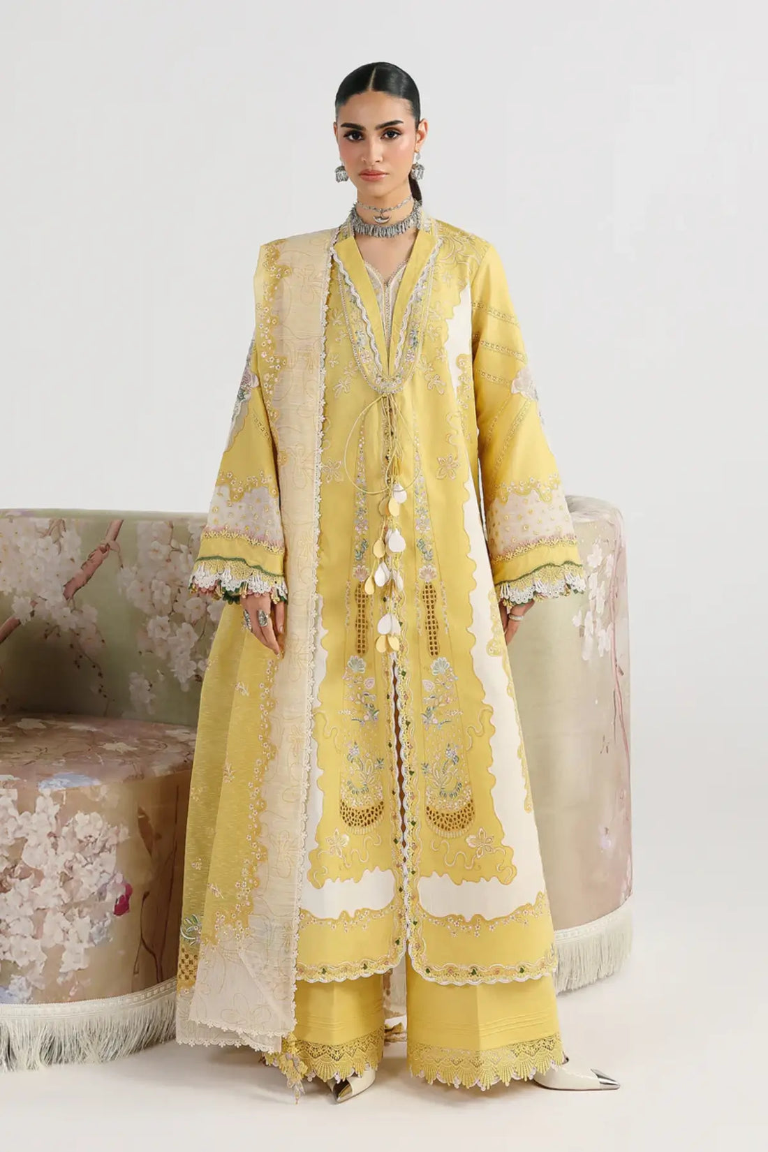 Zaria QFL-05 yellow stitched festive lawn 3PC suit with embroidered cotton net dupatta by Qalamkar 2026