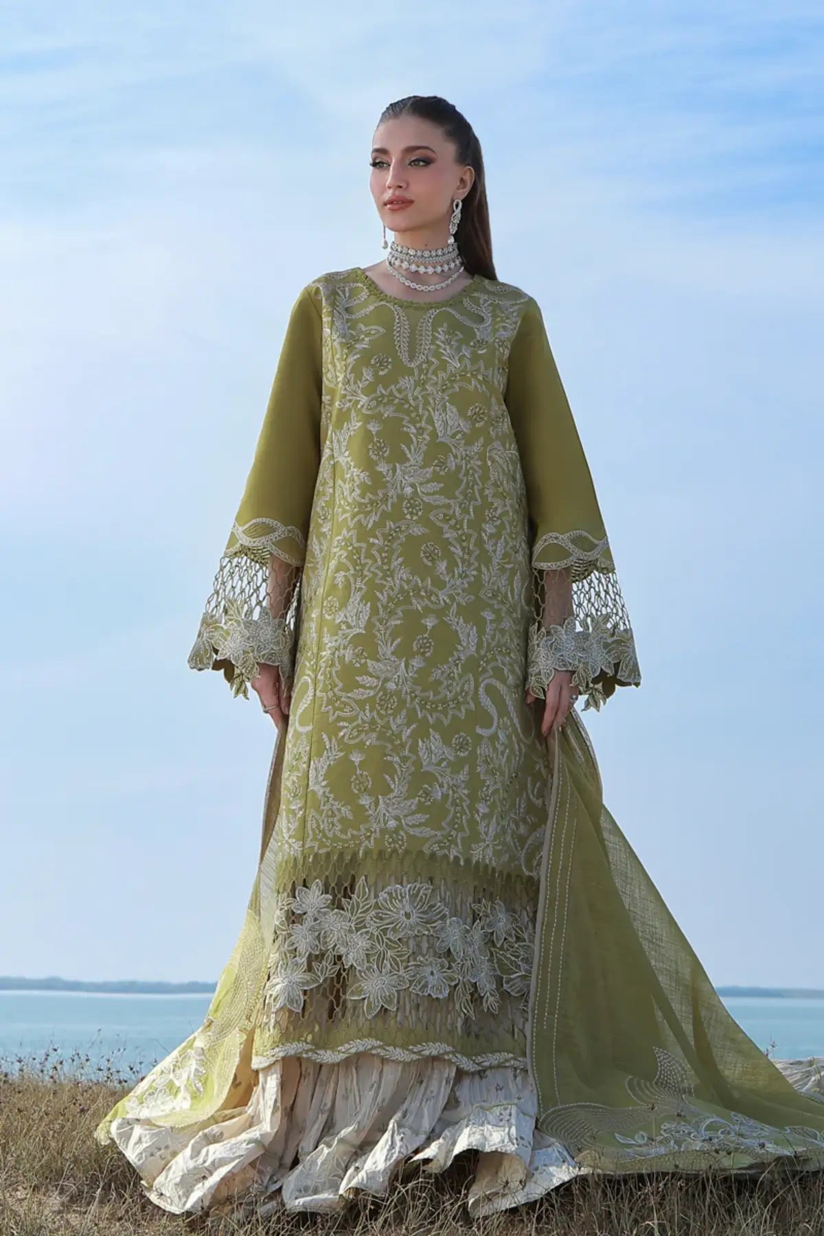 Zariah olive lawn stitched Pakistani dress by Rang Rasiya with detailed embroidery and dupatta