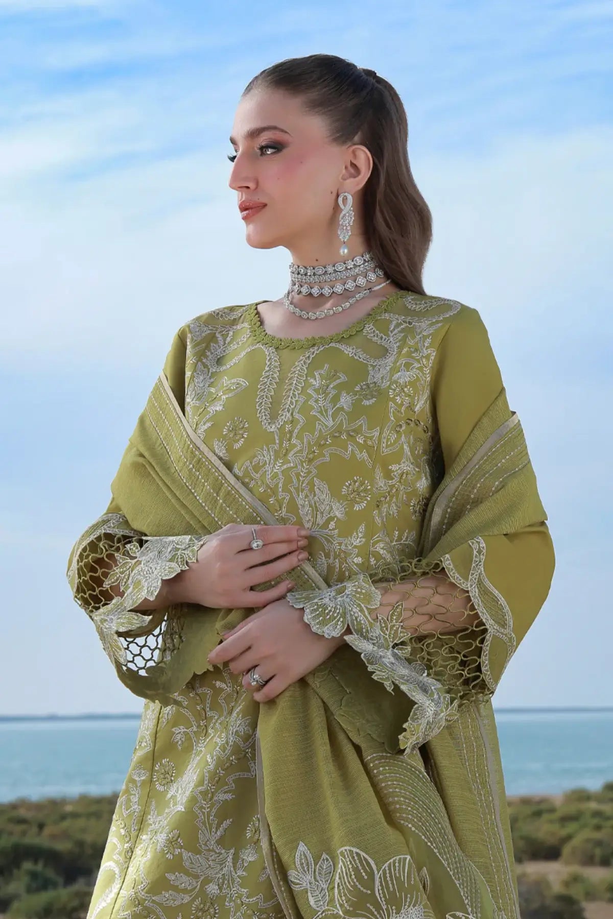 Zariah olive lawn stitched Pakistani dress by Rang Rasiya with detailed embroidery and dupatta
