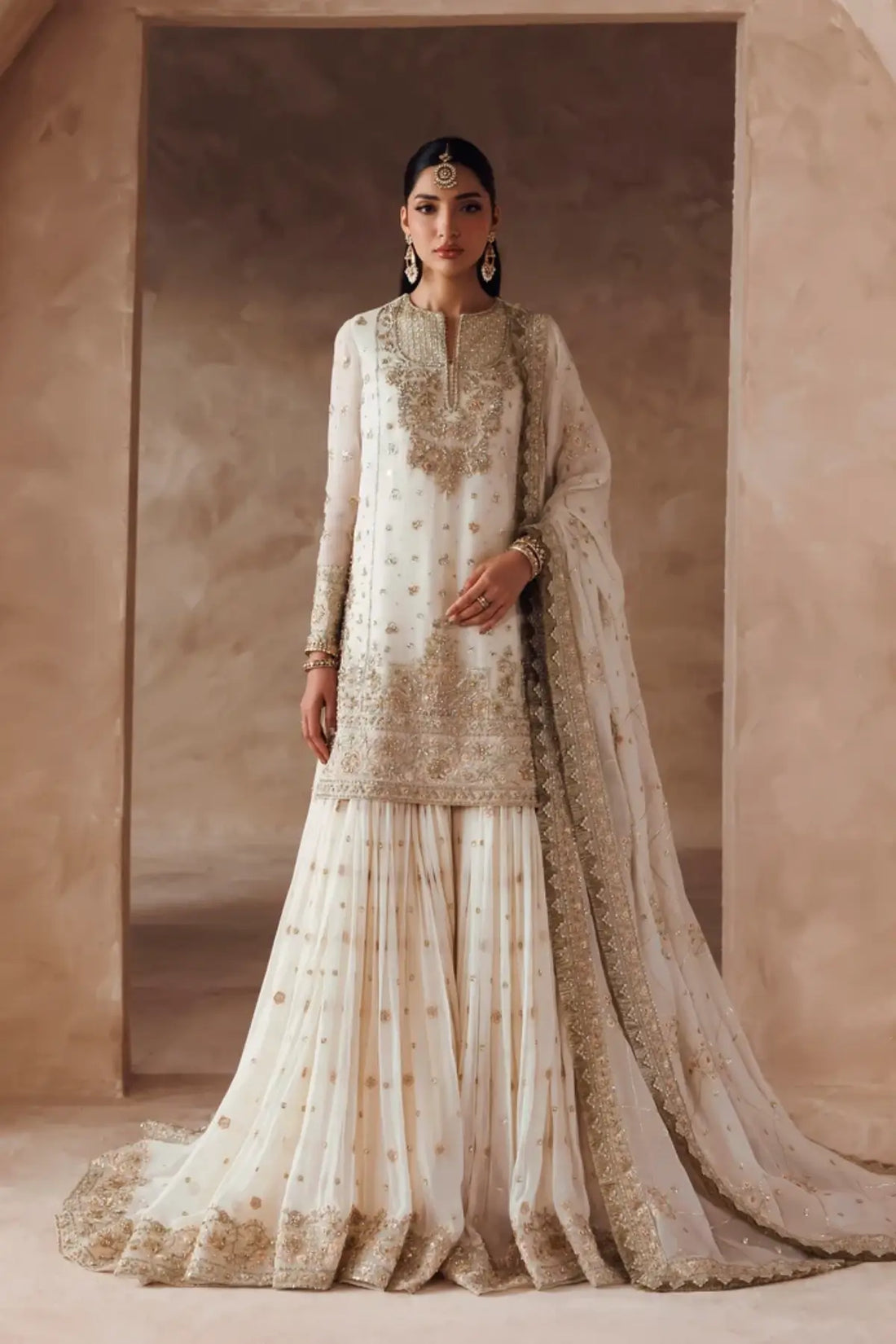 Zarifa Riwayat Bridal Edit 26 ivory handworked chiffon bridal gharara stitched suit with embroidered dupatta