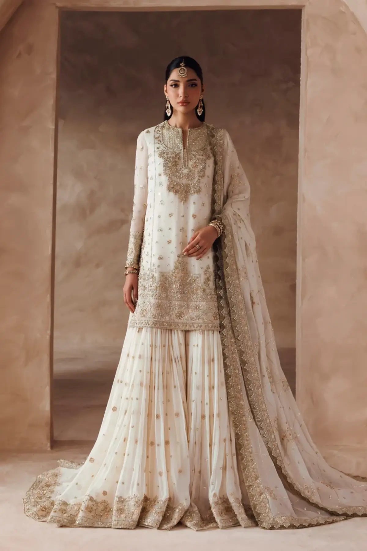 Zarifa Riwayat Bridal Edit 26 ivory handworked chiffon bridal gharara stitched suit with embroidered dupatta