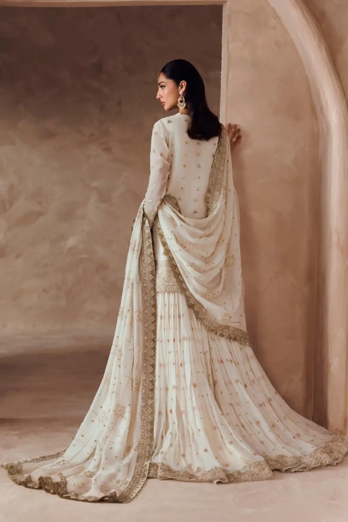 Zarifa Riwayat Bridal Edit 26 ivory handworked chiffon bridal gharara stitched suit with embroidered dupatta