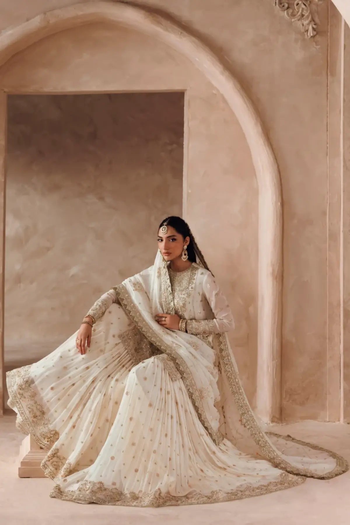 Zarifa Riwayat Bridal Edit 26 ivory handworked chiffon bridal gharara stitched suit with embroidered dupatta