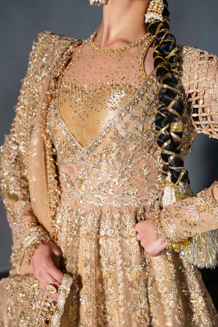 Gold Pakistani bridal lehenga with zardozi, resham, and sequin handwork. Includes scalloped dupatta and bridal pouch – ideal for weddings in USA and Canada.