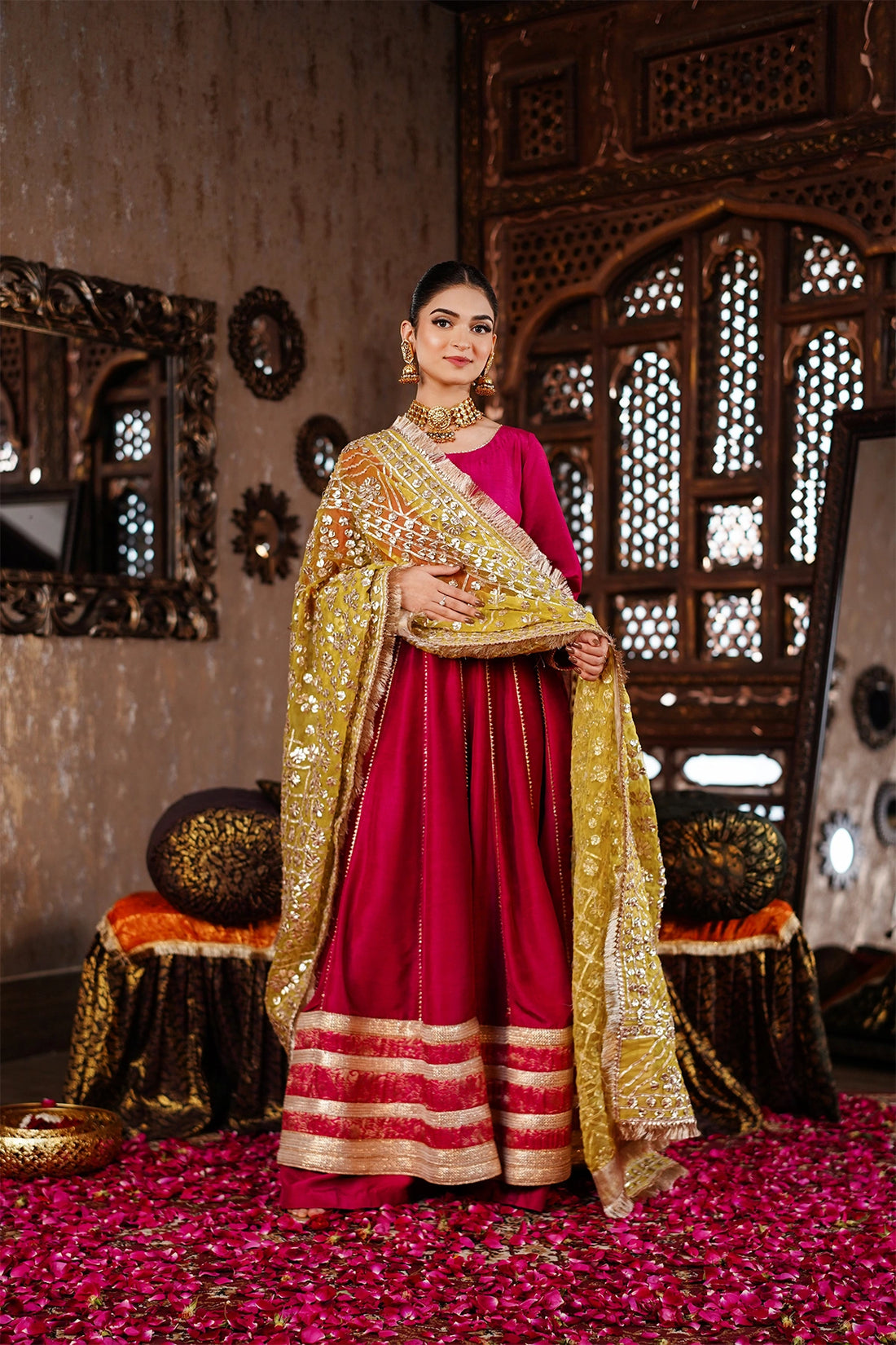 Zarmina magenta pink Korean silk festive Anarkali with palazzo pants and handmade organza gotta dupatta by MariamRaj