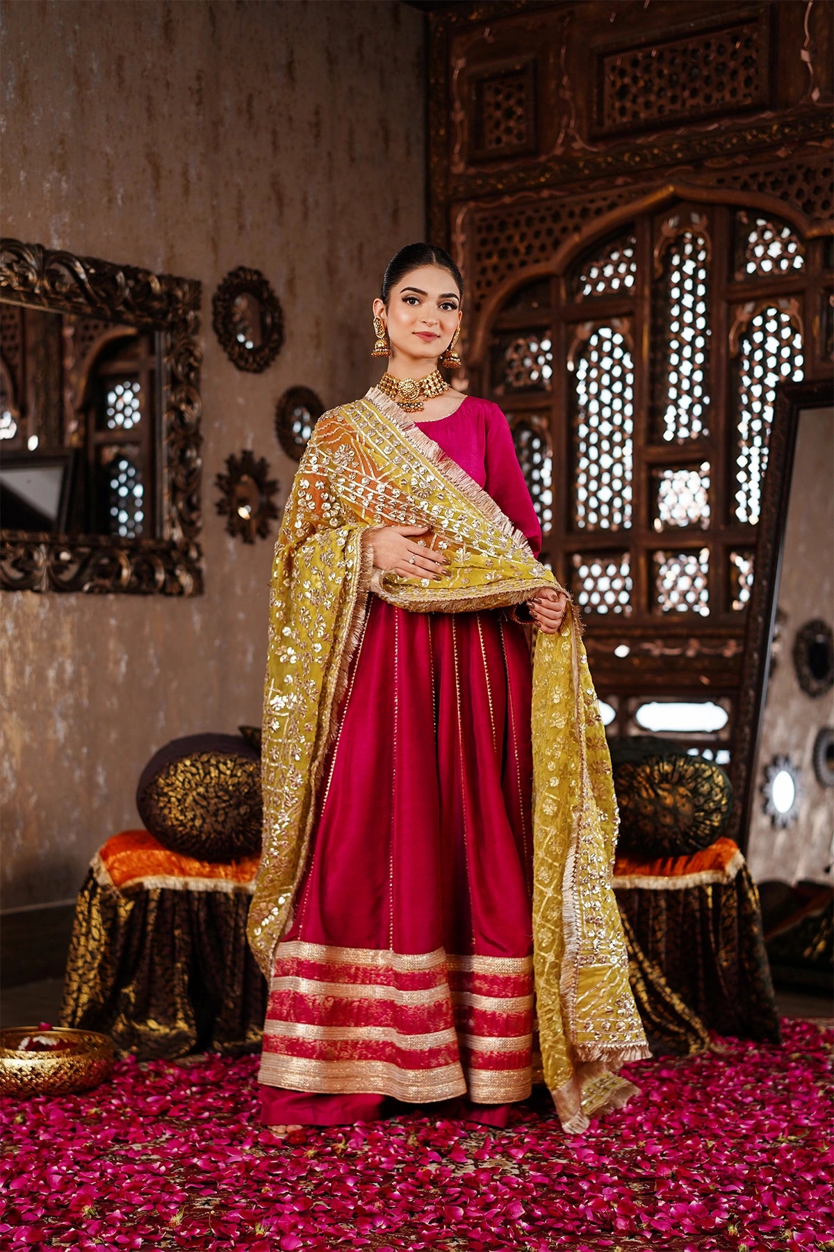 Zarmina magenta pink Korean silk festive Anarkali with palazzo pants and handmade organza gotta dupatta by MariamRaj