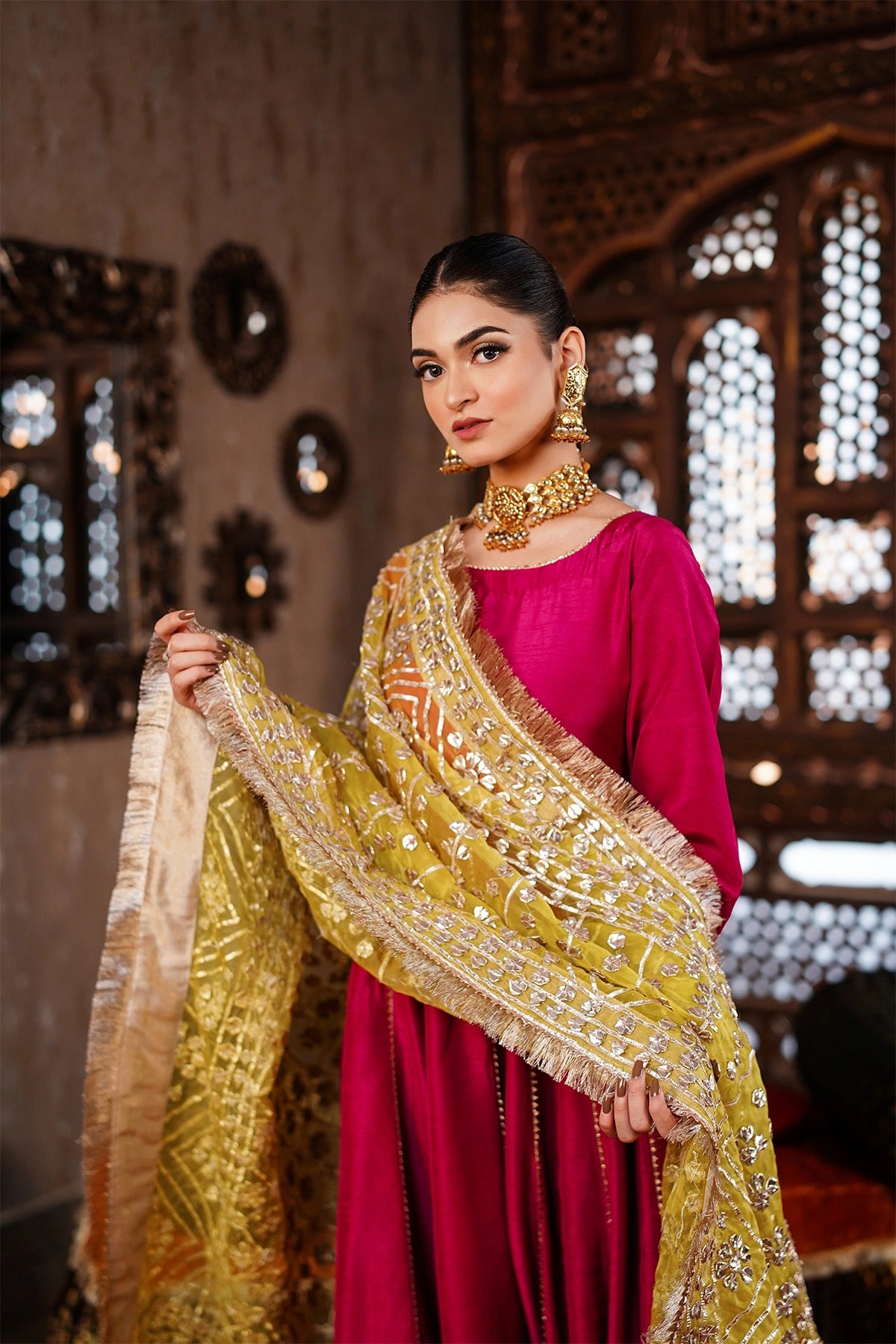 Zarmina magenta pink Korean silk festive Anarkali with palazzo pants and handmade organza gotta dupatta by MariamRaj