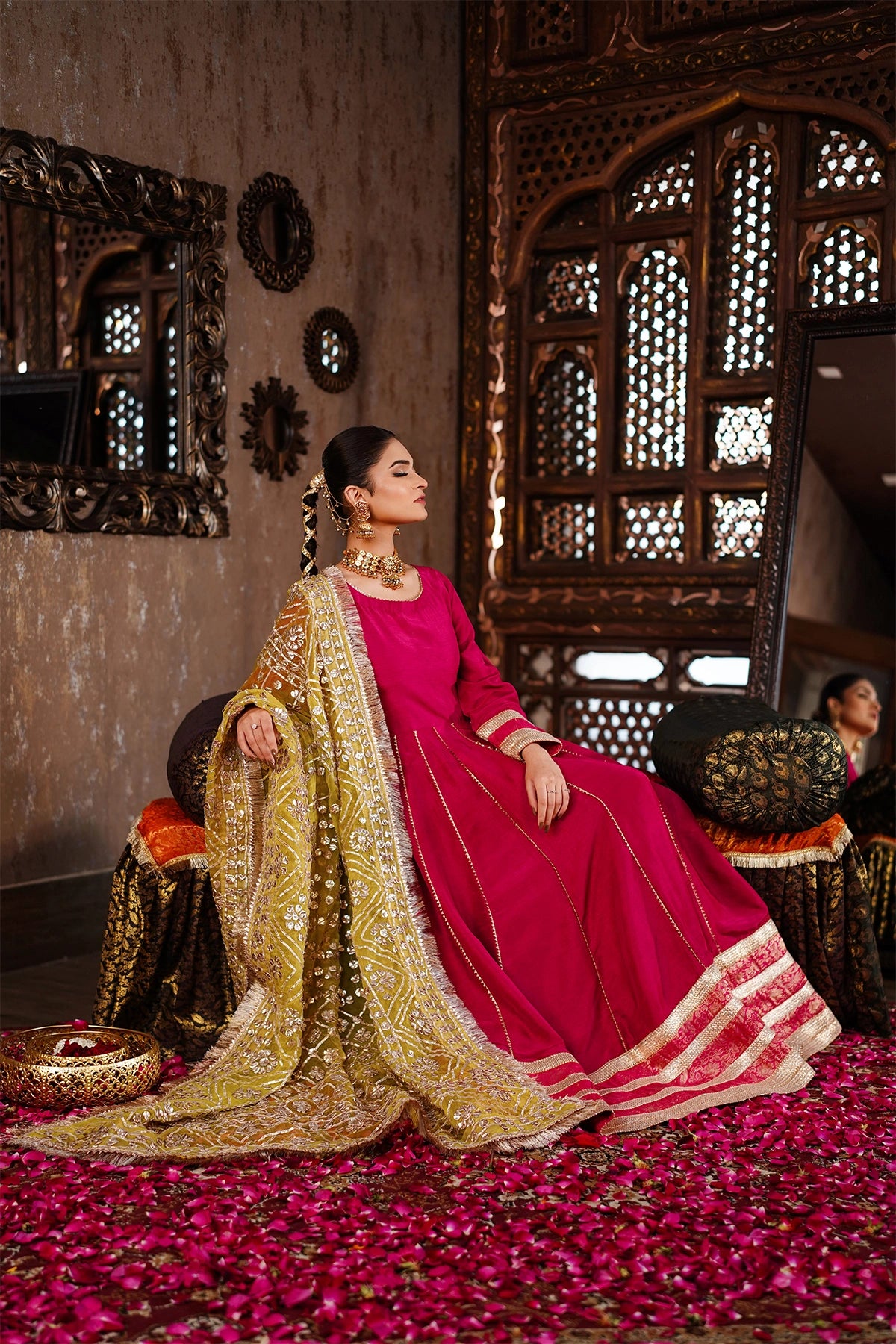 Zarmina magenta pink Korean silk festive Anarkali with palazzo pants and handmade organza gotta dupatta by MariamRaj
