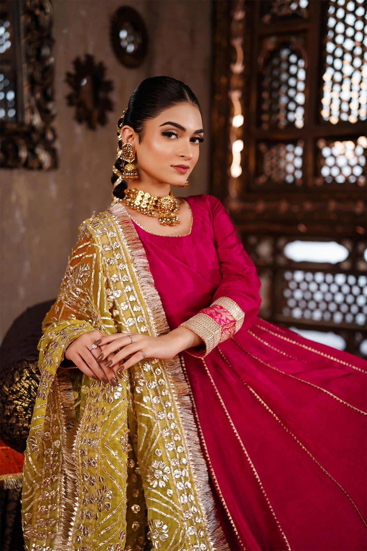 Zarmina magenta pink Korean silk festive Anarkali with palazzo pants and handmade organza gotta dupatta by MariamRaj