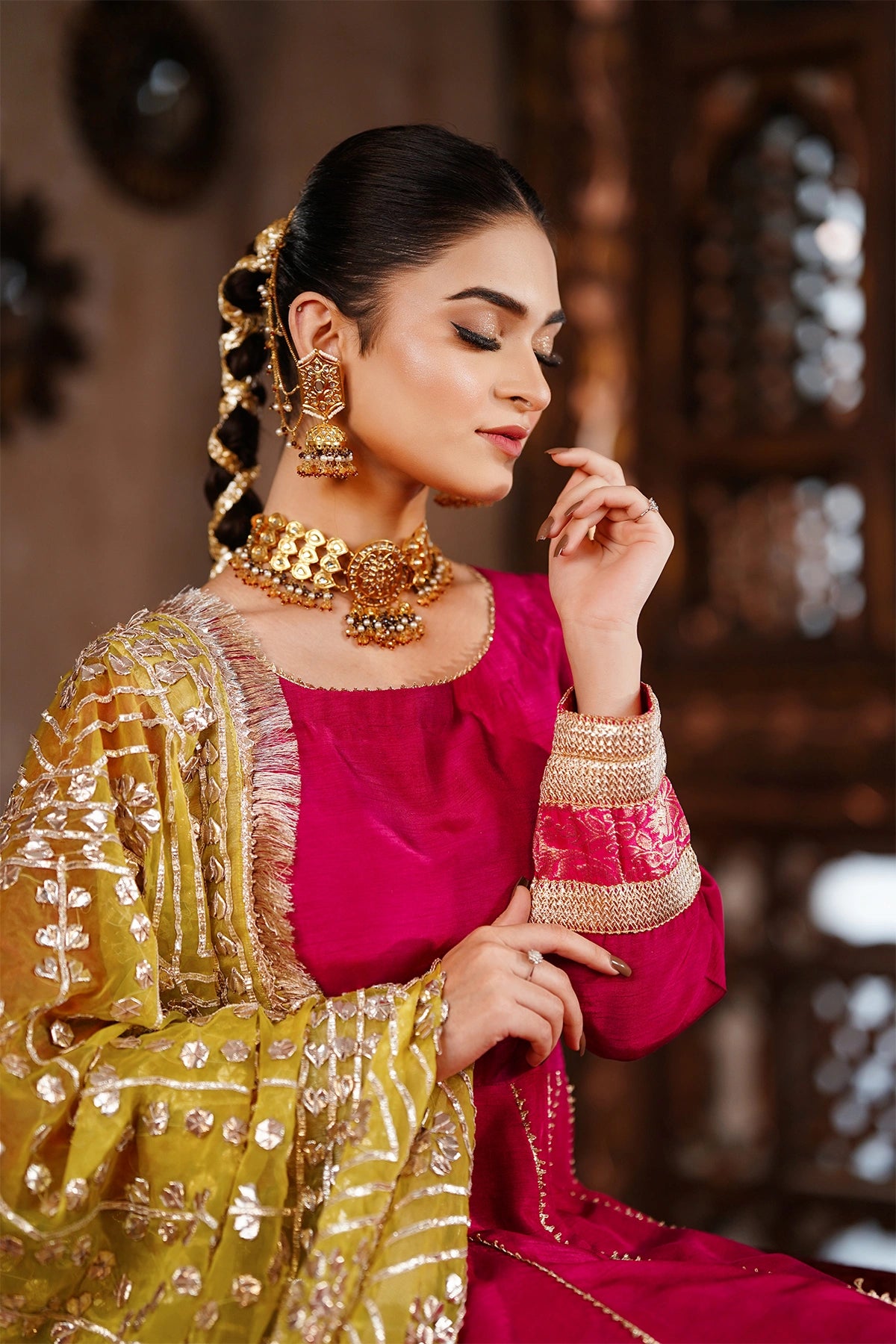 Zarmina magenta pink Korean silk festive Anarkali with palazzo pants and handmade organza gotta dupatta by MariamRaj